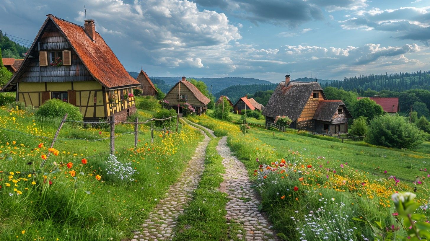1456x816 Free Idyllic Country Village Image, Sunlight, Houses