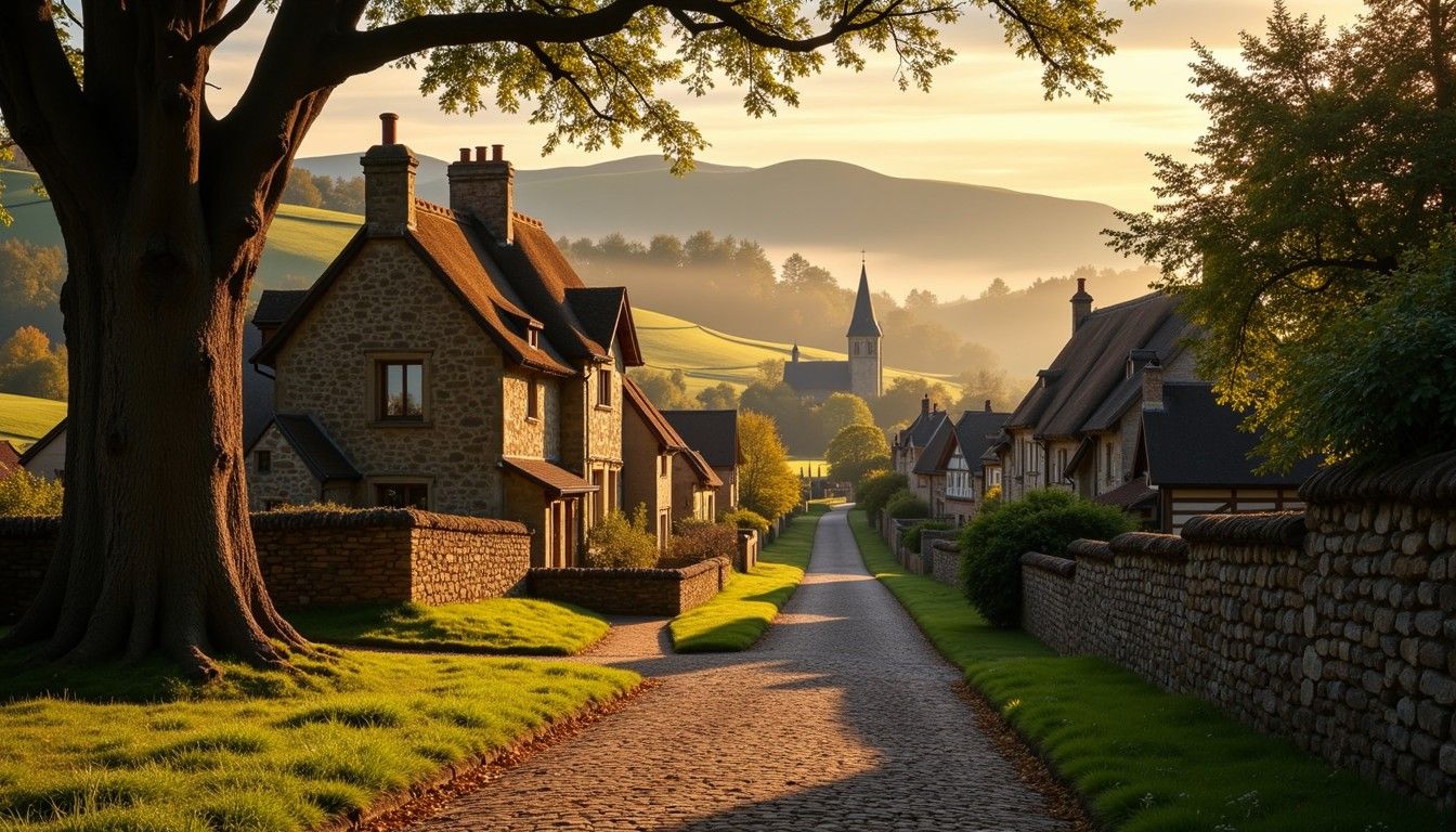 1344x768 Free Misty Village Path Image, Village, Medieval
