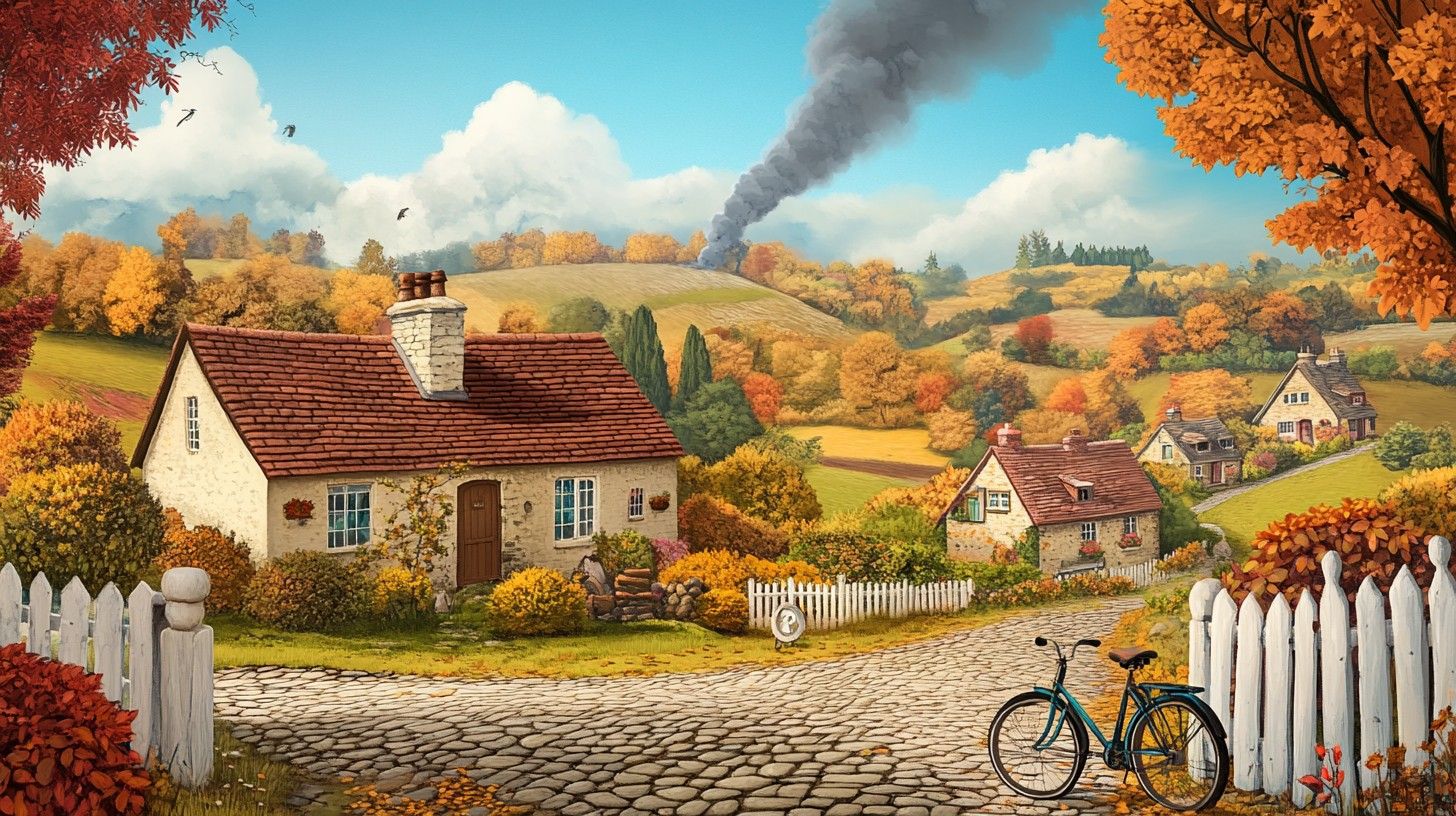 1456x816 Free Autumn Village Scene Image, Village, Cottages