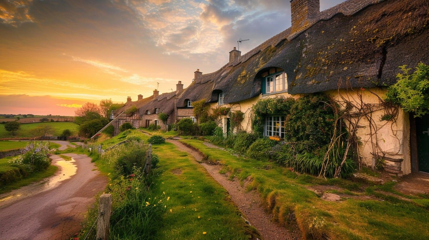 1456x816 Free Sunset Village Charm Image, Village, Cottages