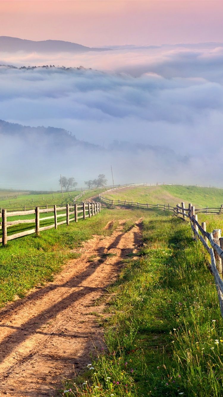 750x1334 Nature Scenery, Countryside, Mountains, Grass, Mist, Village, Road 1080x1920 IPhone 8 7 6 6S Plus Wallpaper, Background, Picture, Image