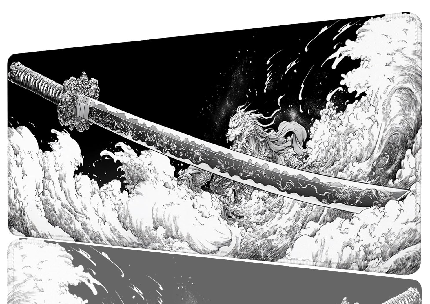 1484x1050 Japanese Samurai Sword Extended Mouse Pad, Black And White Anime Extended Gaming Mouse Pad Mat With Stitched Edge Non Slip Base Big Mouse Pad, Office Computer Keyboard Laptop Home, 31.5”x11.8”