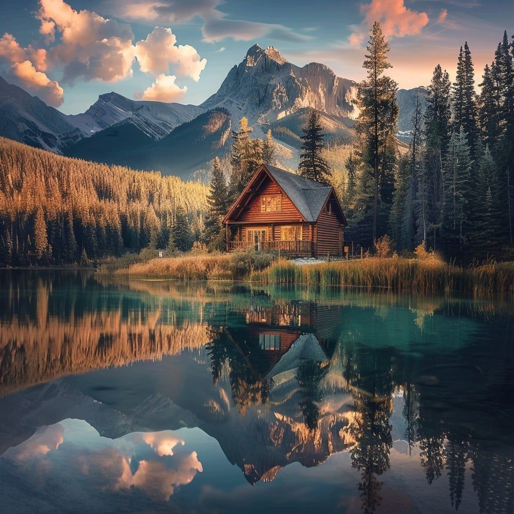 1024x1024 Free Idyllic Mountain Retreat Image, Cabin, Forest