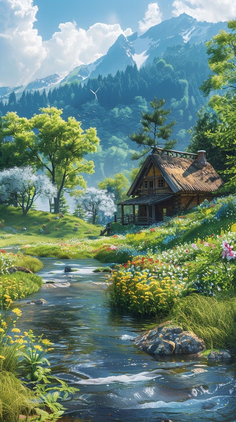 816x1456 Free Idyllic Mountain Retreat Image, Cabin, Stream