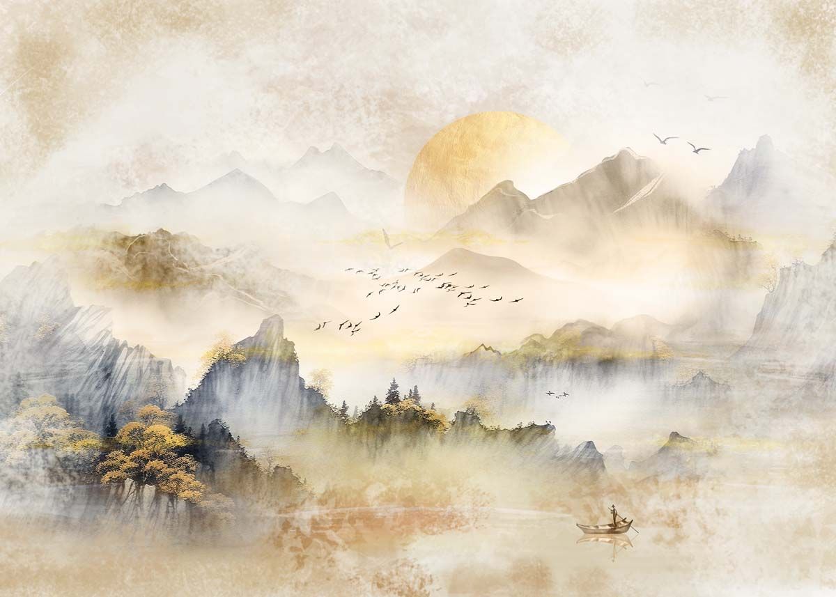 1200x857 Zenscape, Peaceful Mountainous Retreat at Sunrise Wallpaper Mural
