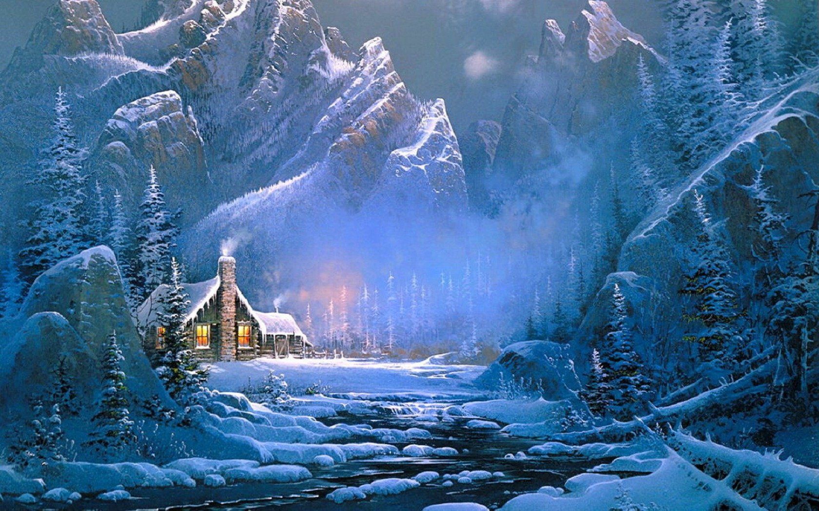 1680x1050 Snowy Mountain Retreat: Artistic Winter Wonderland HD Wallpaperx1050