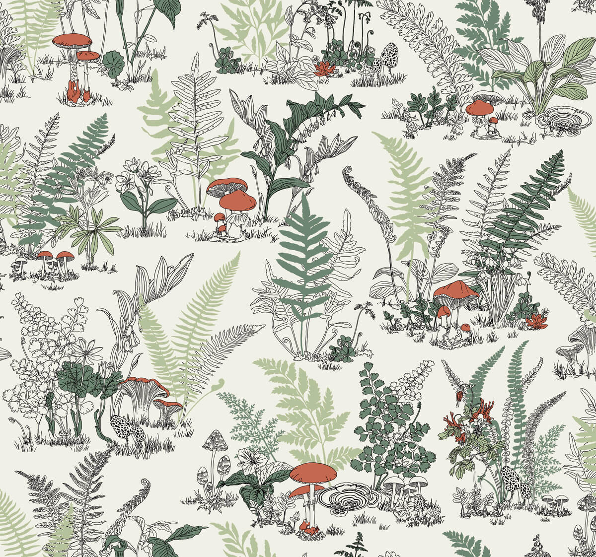 1200x1122 York RT7891 Mushroom Garden Toile Red and Green Wallpaper