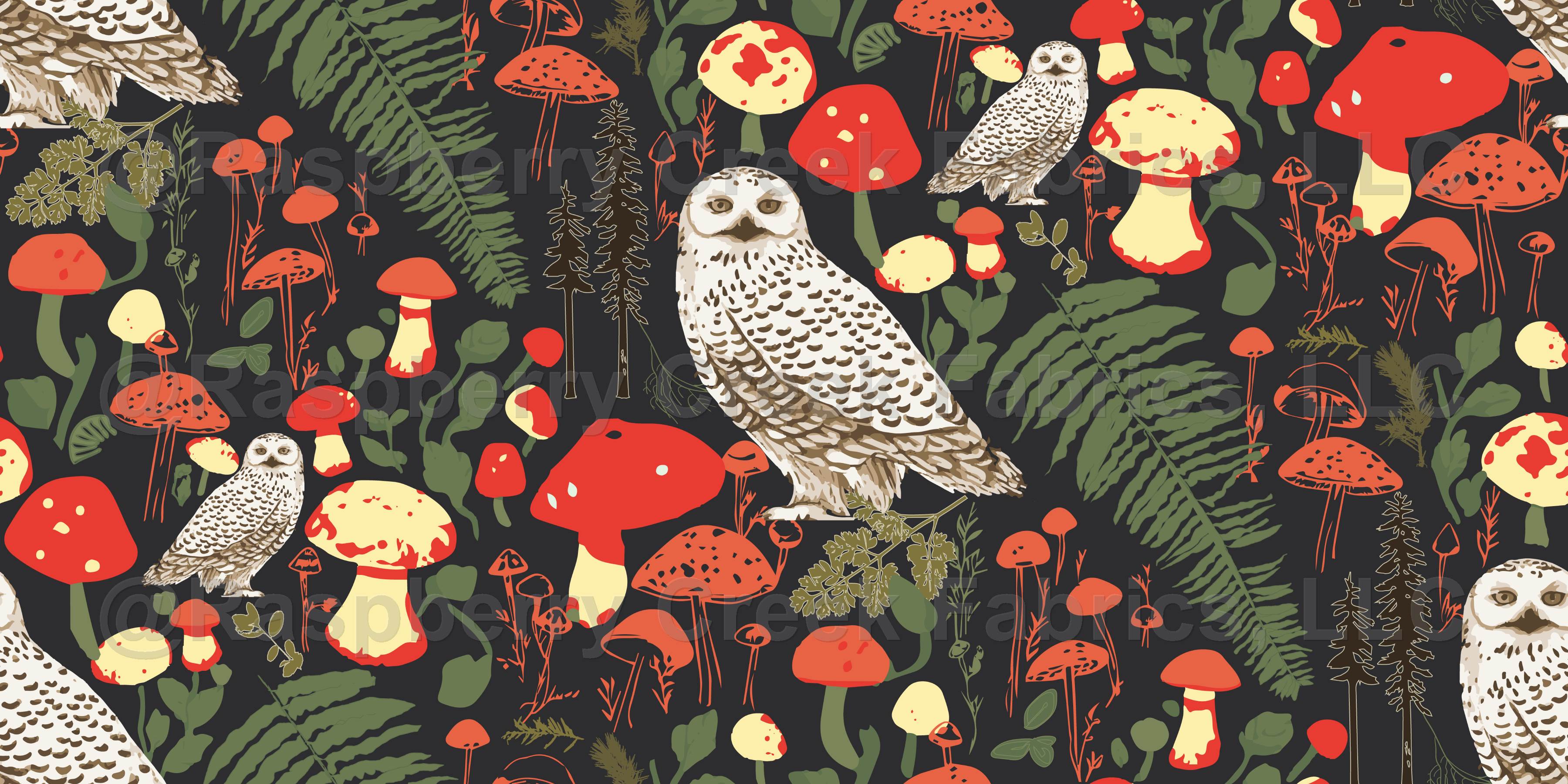 3600x1800 Cottagecore mushrooms and owls wallpaper Wallpaper, Raspberry Creek Fabrics