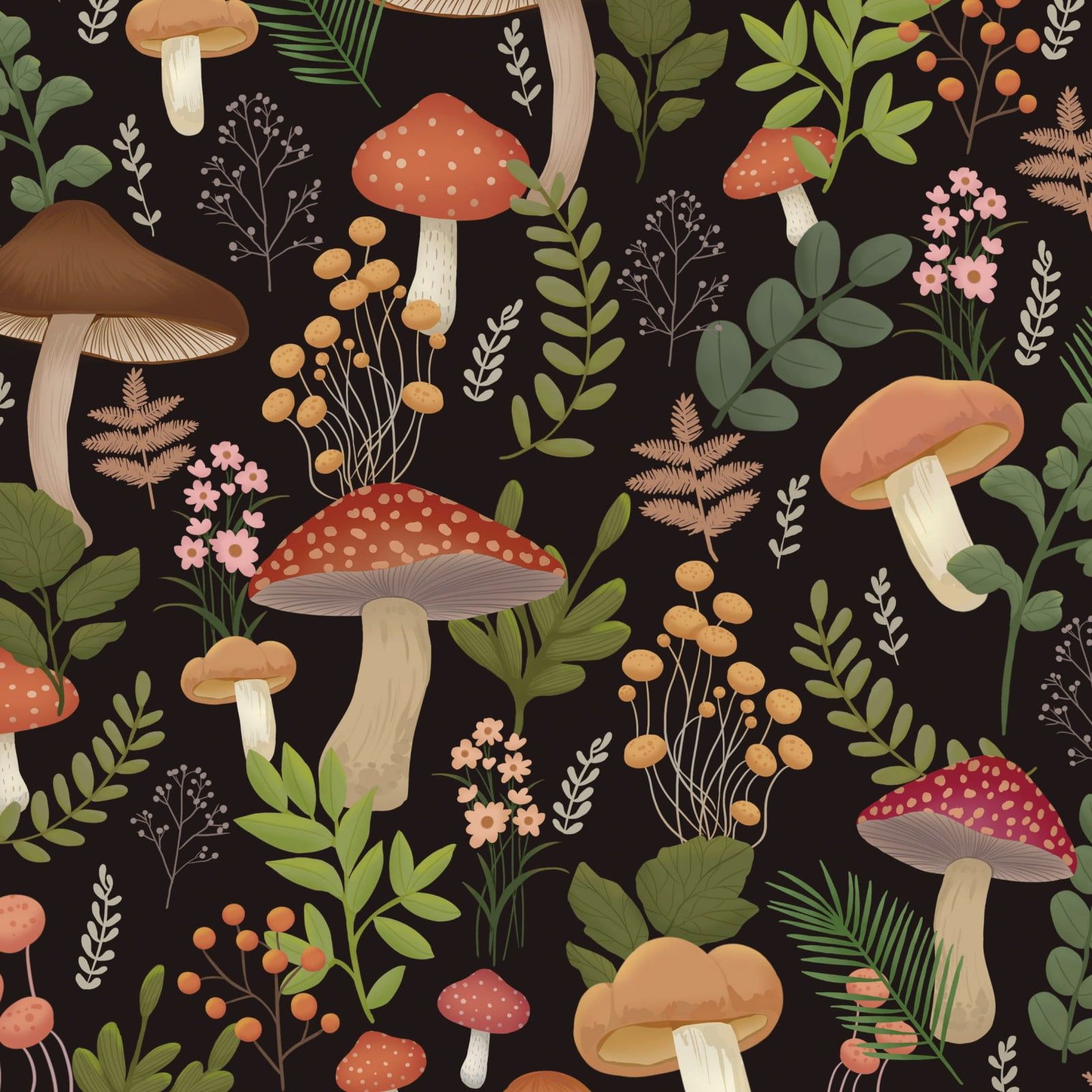 1600x1600 VOLEAAR Mushroom Wallpaper Vintage Peel Stick Wallpaper Boho Wallpaper Vinyl Removable Forest Flower Leaf Floral Wallpaper for Bedroom Bathroom Kitchen Countertop Black Green 17.5In x 9.8Ft