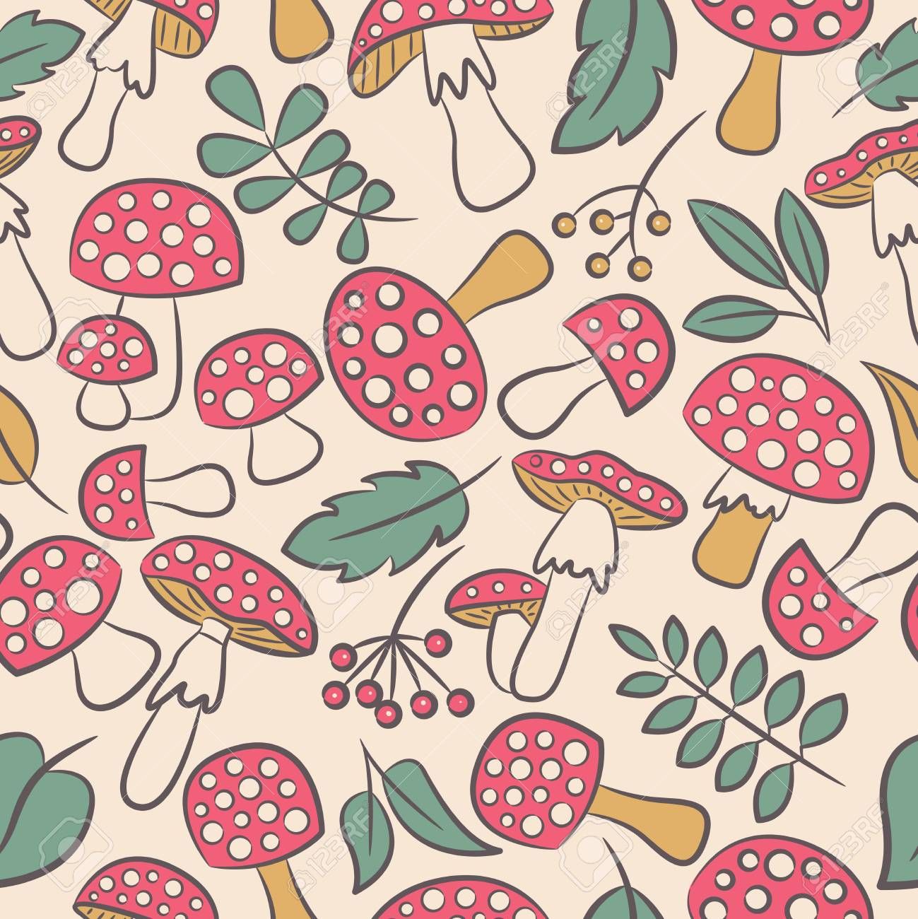 1299x1300 Cute Amanita Seamless Pattern With Leaf And Berries. Poisonus Mushrooms Doodle Style Wallpaper. Royalty Free SVG, Clipart, Vectors, and Stock Illustration. Image 63217815