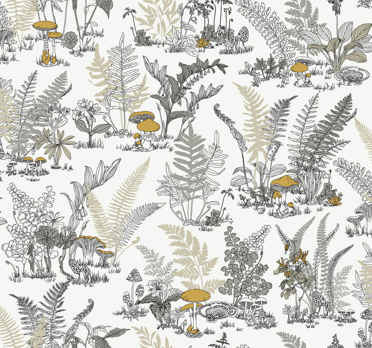 1200x1122 York RT7892 Mushroom Garden Toile Neutral and Gold Wallpaper
