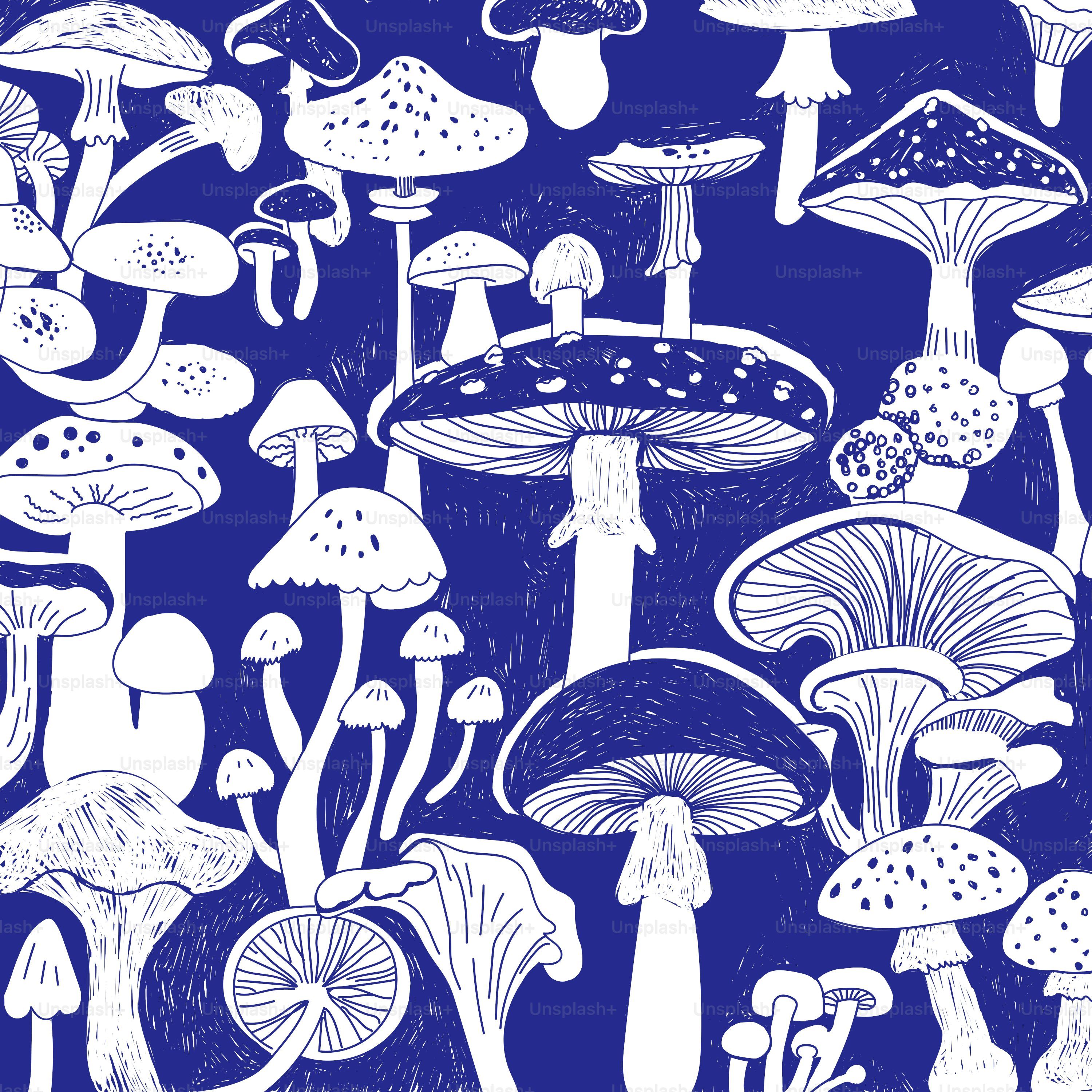 3000x3000 Mushrooms are shown in a pattern on a blue background. vector
