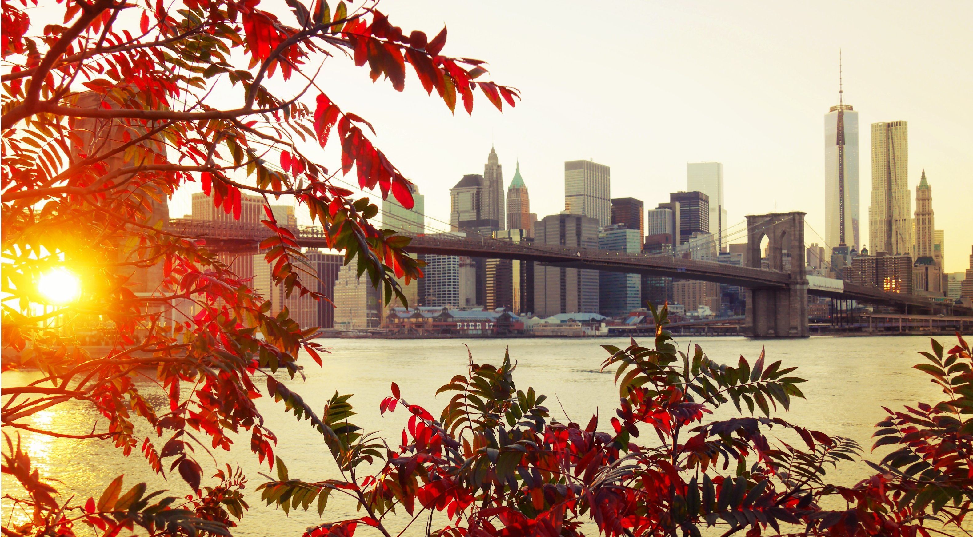 3162x1746 Wallpaper autumn, leaves, bridge, the city, Brooklyn, New York for mobile and desktop, section город, resolution 3162x1746