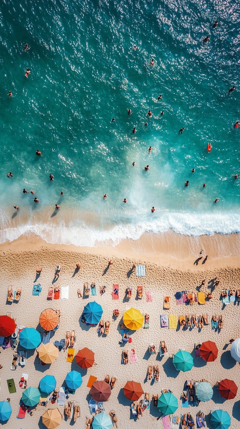 816x1456 Free Crowded beach day Image, Summer, Umbrellas