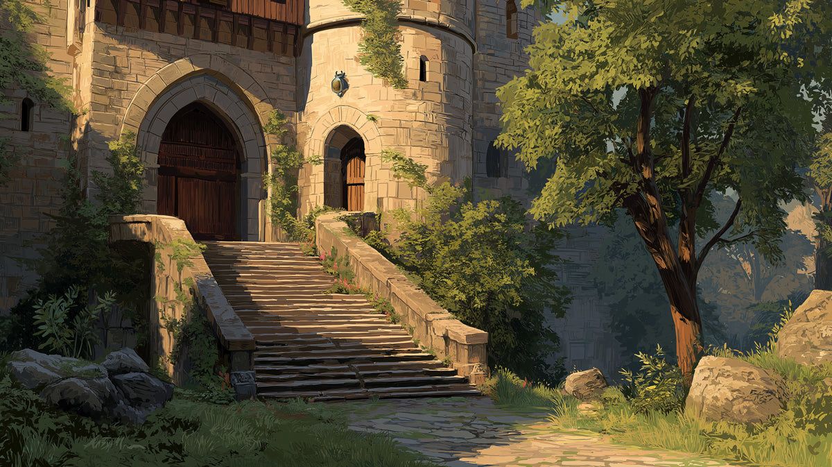 1200x673 Sun Drenched Medieval Castle Entrance Wallpaper. Tranquil Stone Architecture Scene