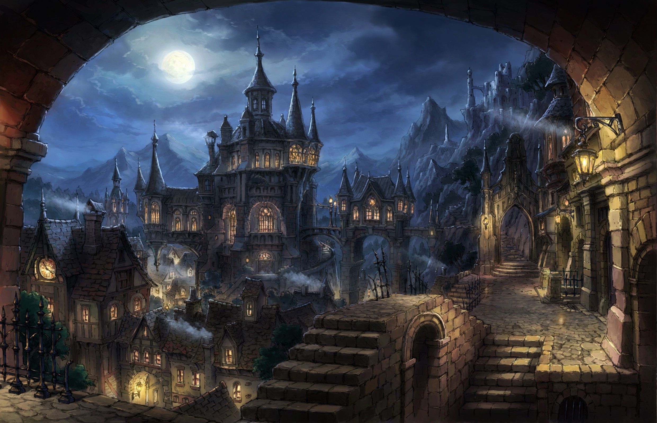 2481x1600 Wallpaper Blue and White Castle Painting, Background Free Image