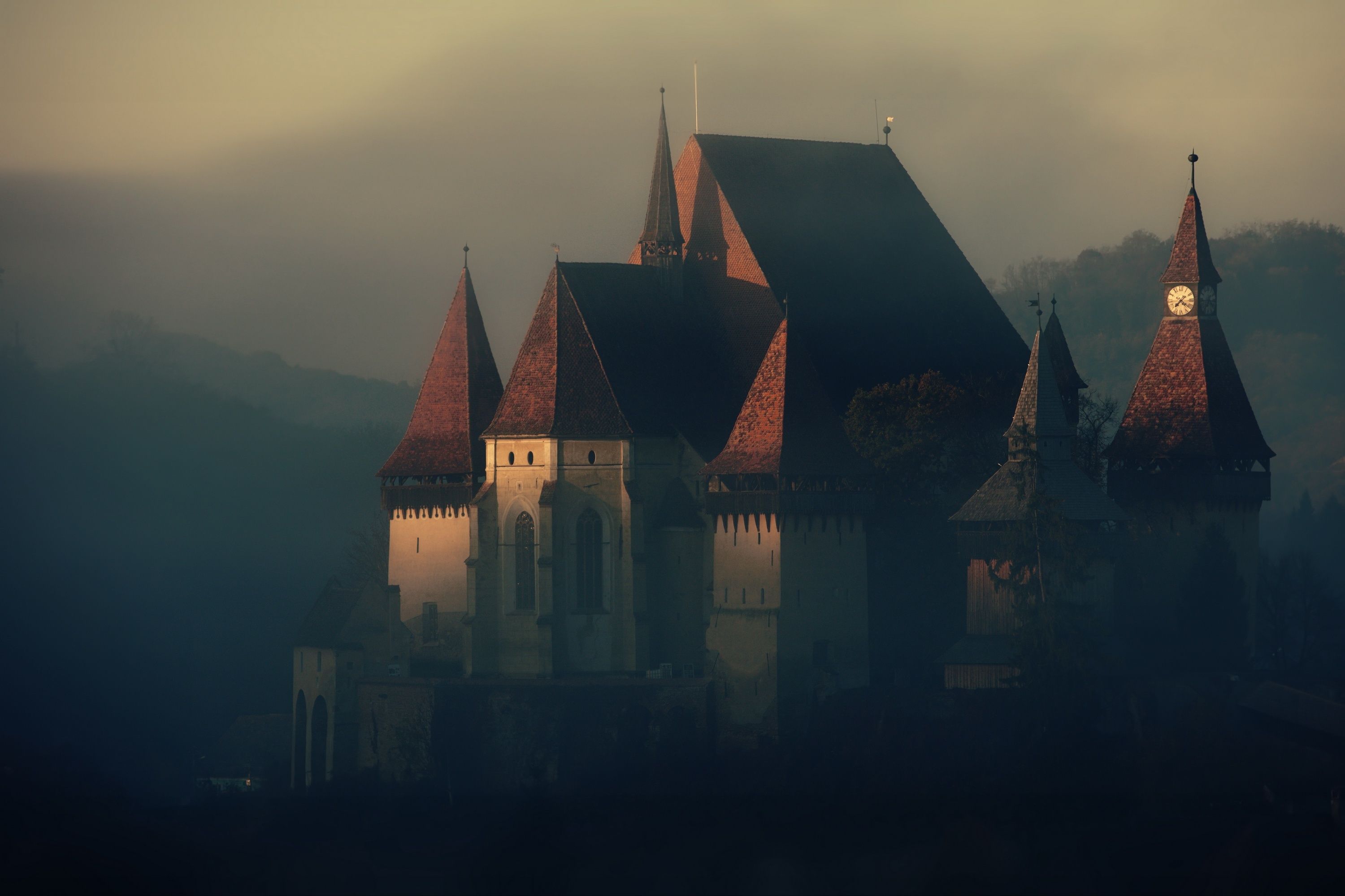 3000x2000 Romania Romanian Castle Medieval Architecture Old Mid Century Foggy Dark 5K 6K