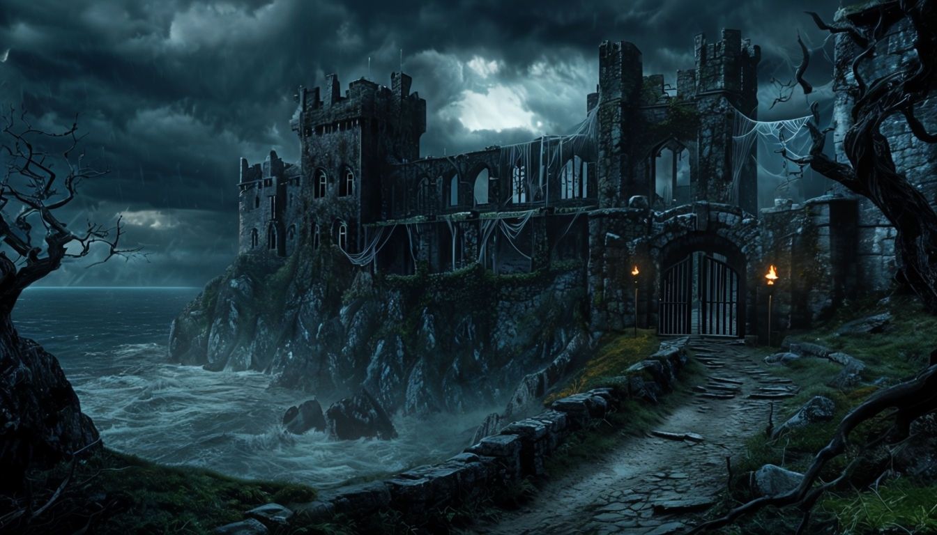 1344x768 Eerie Dark Fantasy Castle Surrounded by Misty Landscape Art // Virtual Background