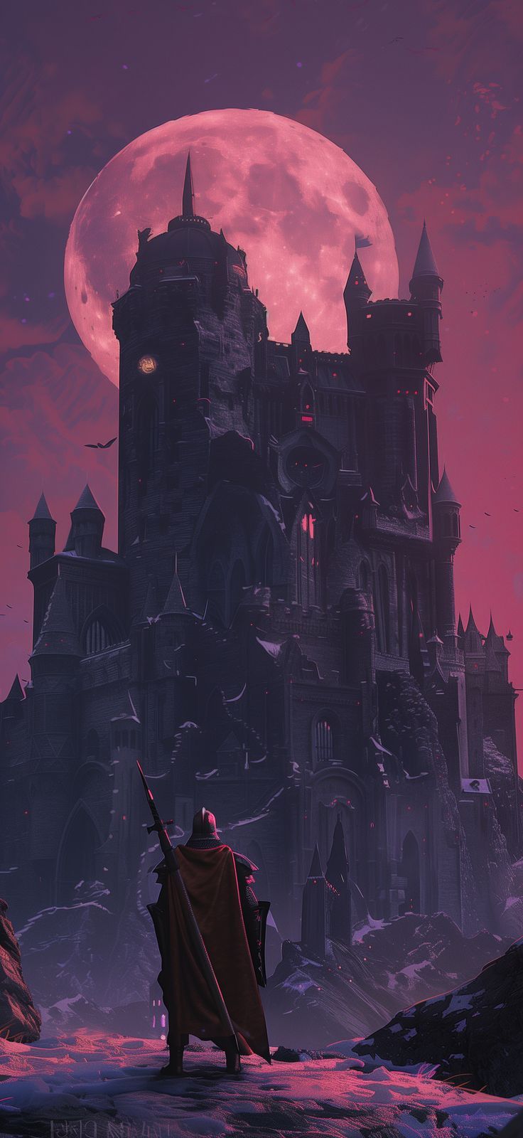 736x1600 Dark Fantasy Knight with a Castle in the background wallpaper