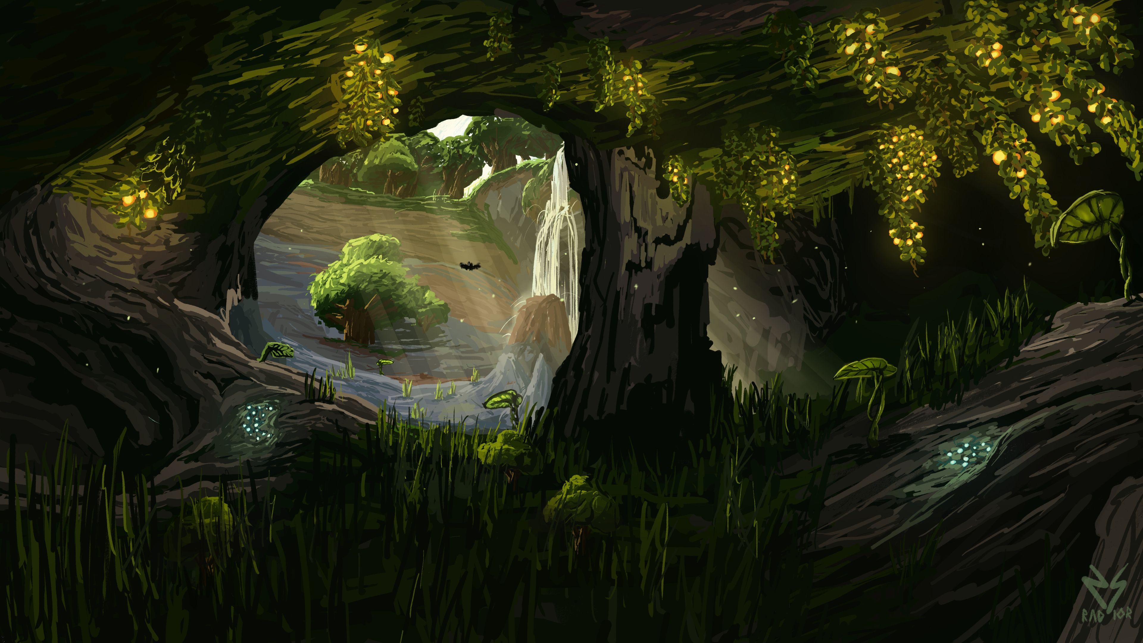3840x2160 I drew myself a 4k wallpaper inspired by a beautiful lush cave from my Minecraft world