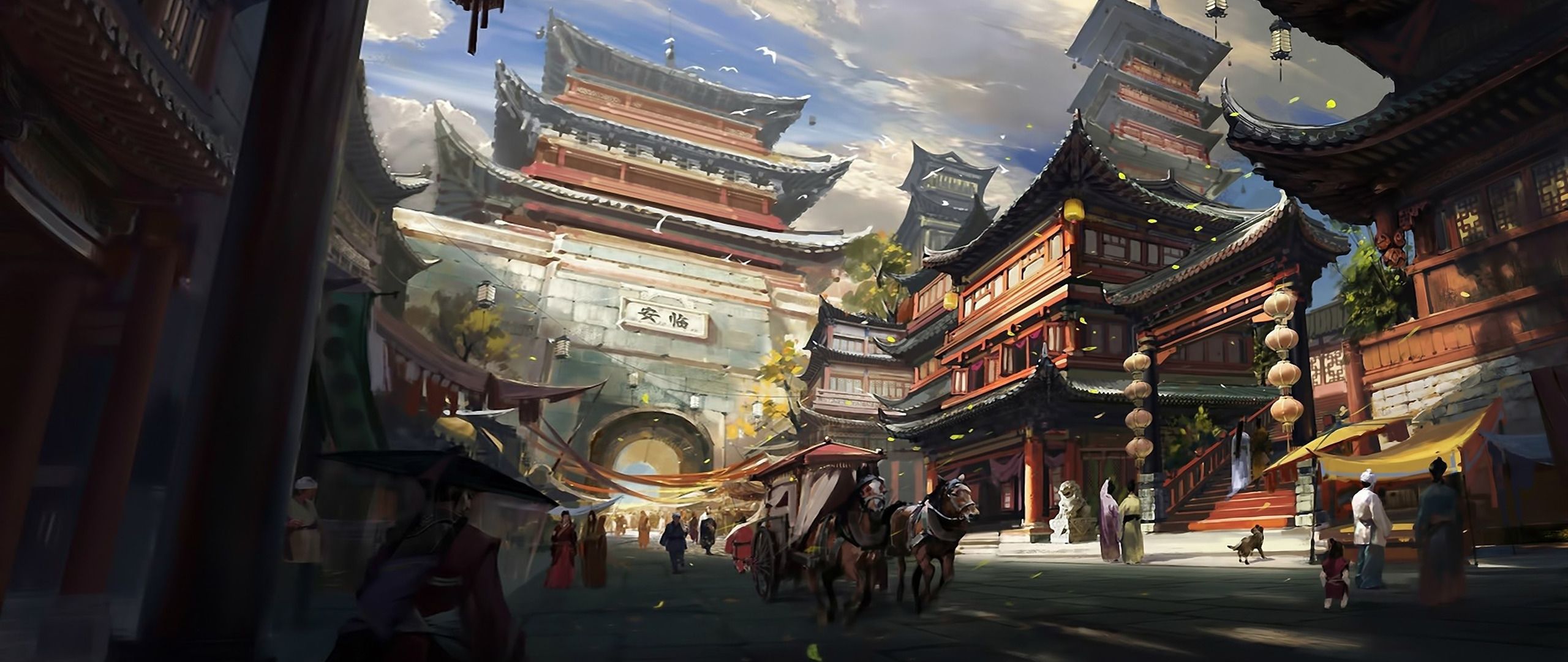 2560x1080 ultra wide, Japan, Fantasy city, Artwork, Fantasy art Wallpaper HD / Desktop and Mobile Background