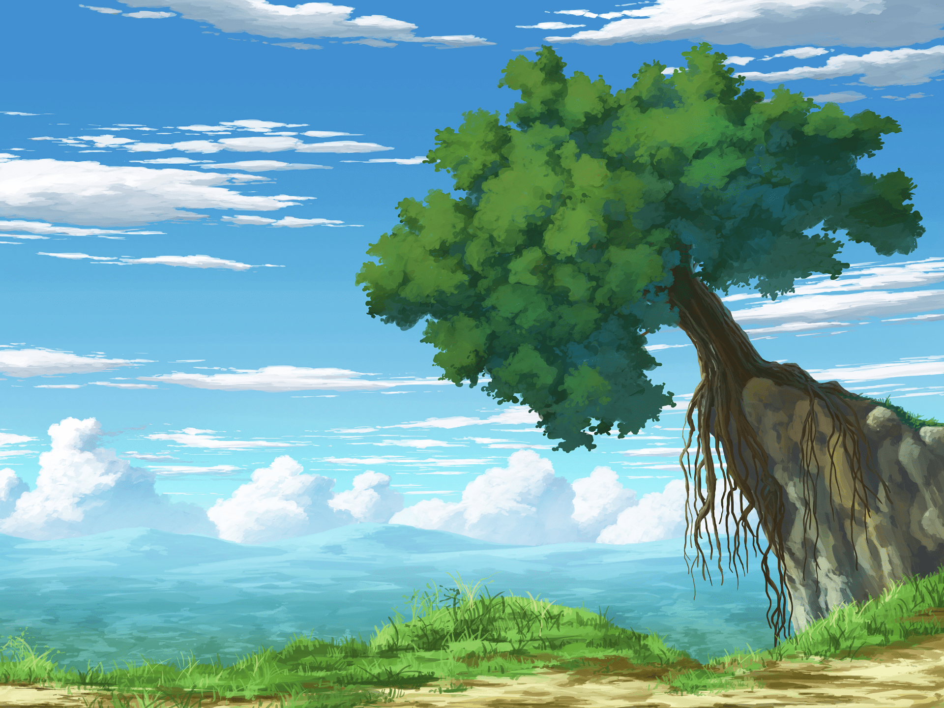 1920x1440 Skybound Sentinel / Cliffside Anime Tree / Solitary Sky Grove / HD Aerial Tree Wallpaper by 青葉 HALx1440