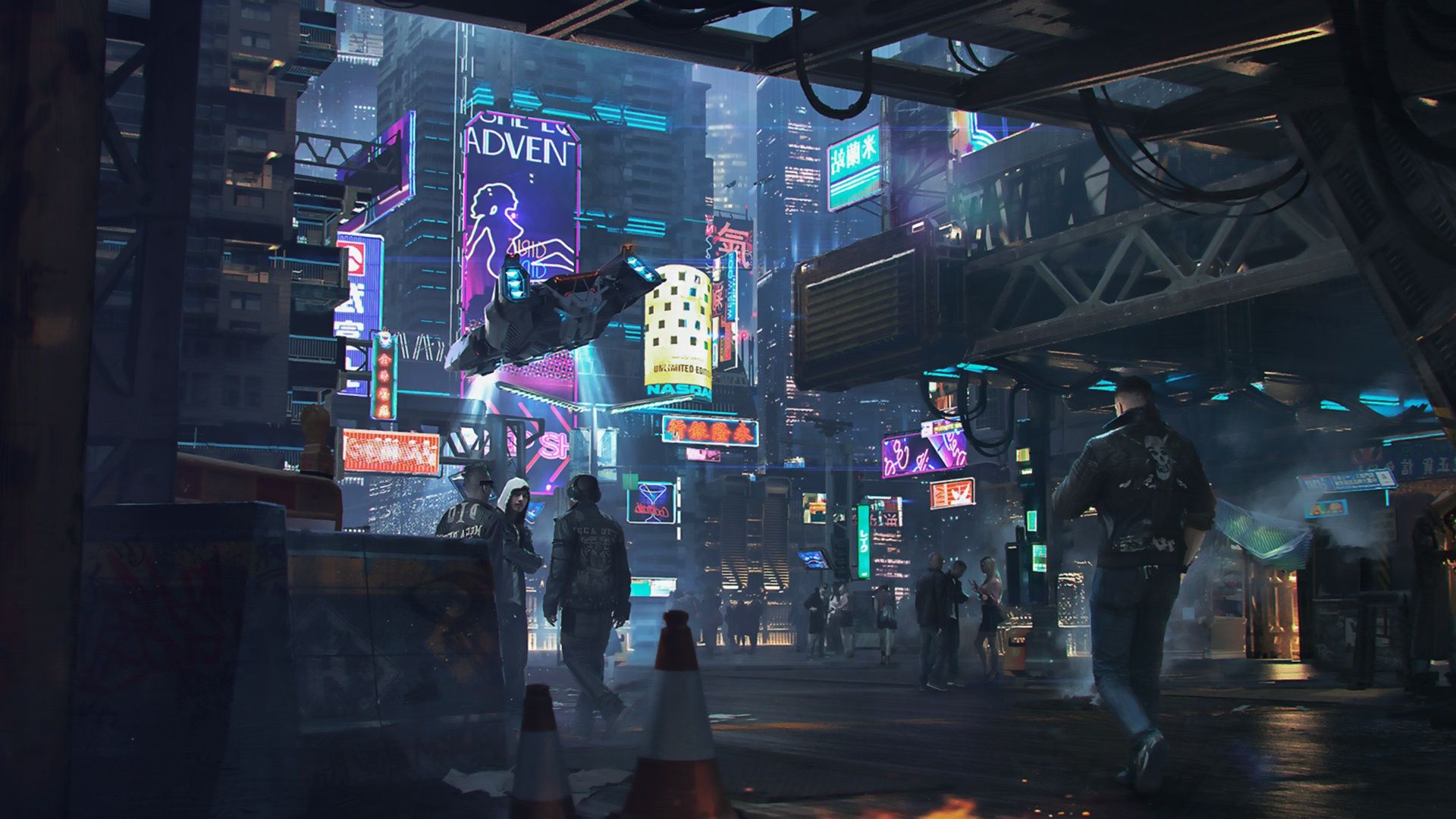 1920x1080 Wallpaper night, the city, future, people, neon, advertising, art, cyberpunk for mobile and desktop, section фантастика, resolution 1920x1080