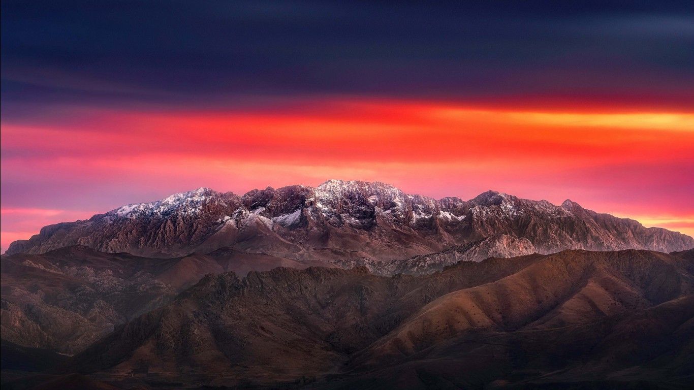 1366x768 Rock Mountains Slope Sunset View Silhouette Background 4K HD Nature Wallpaper