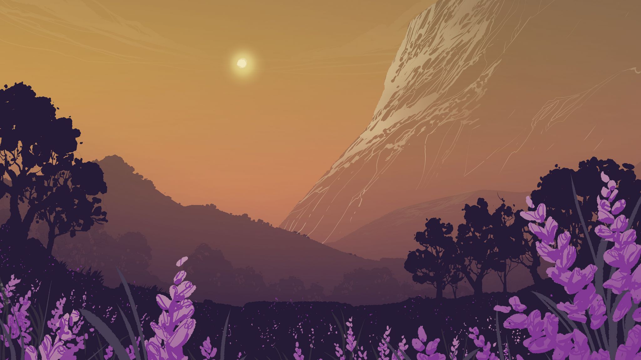 2048x1152 Download wallpaper 2048x1152 landscape, mountains, art, lavender, flowers, trees, sun ultrawide monitor HD background