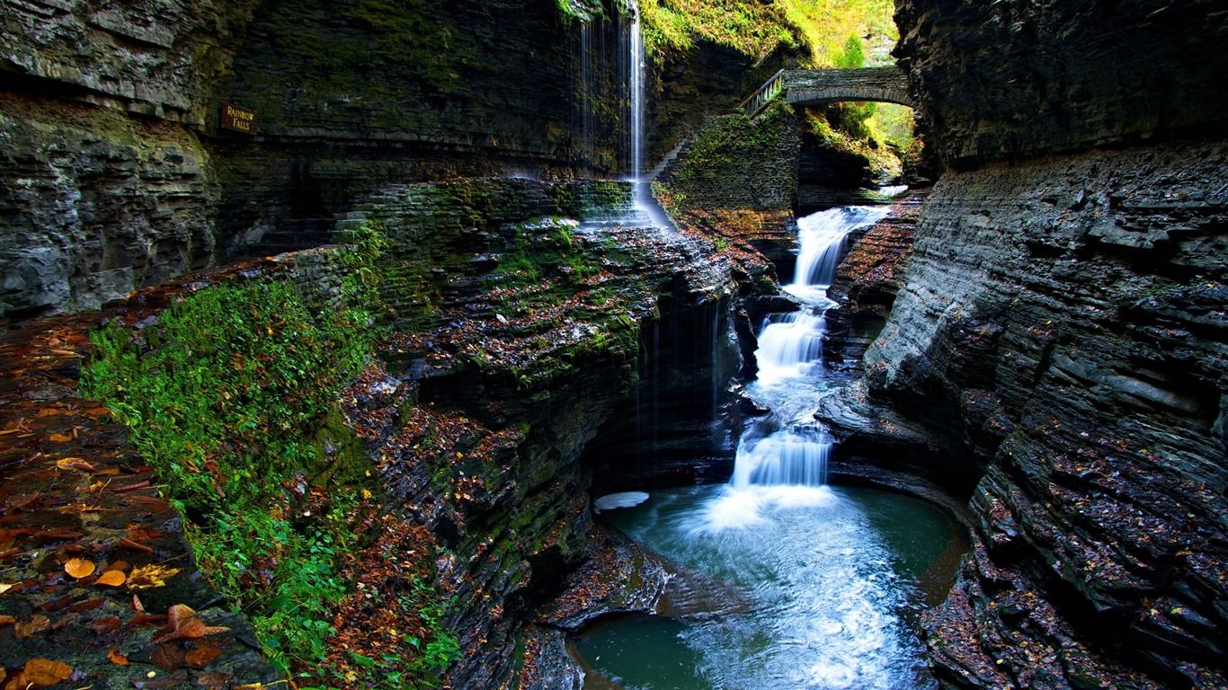 1366x768 Moss Gorge Watkins Glen State Park Falls Scenery HD Wallpaper