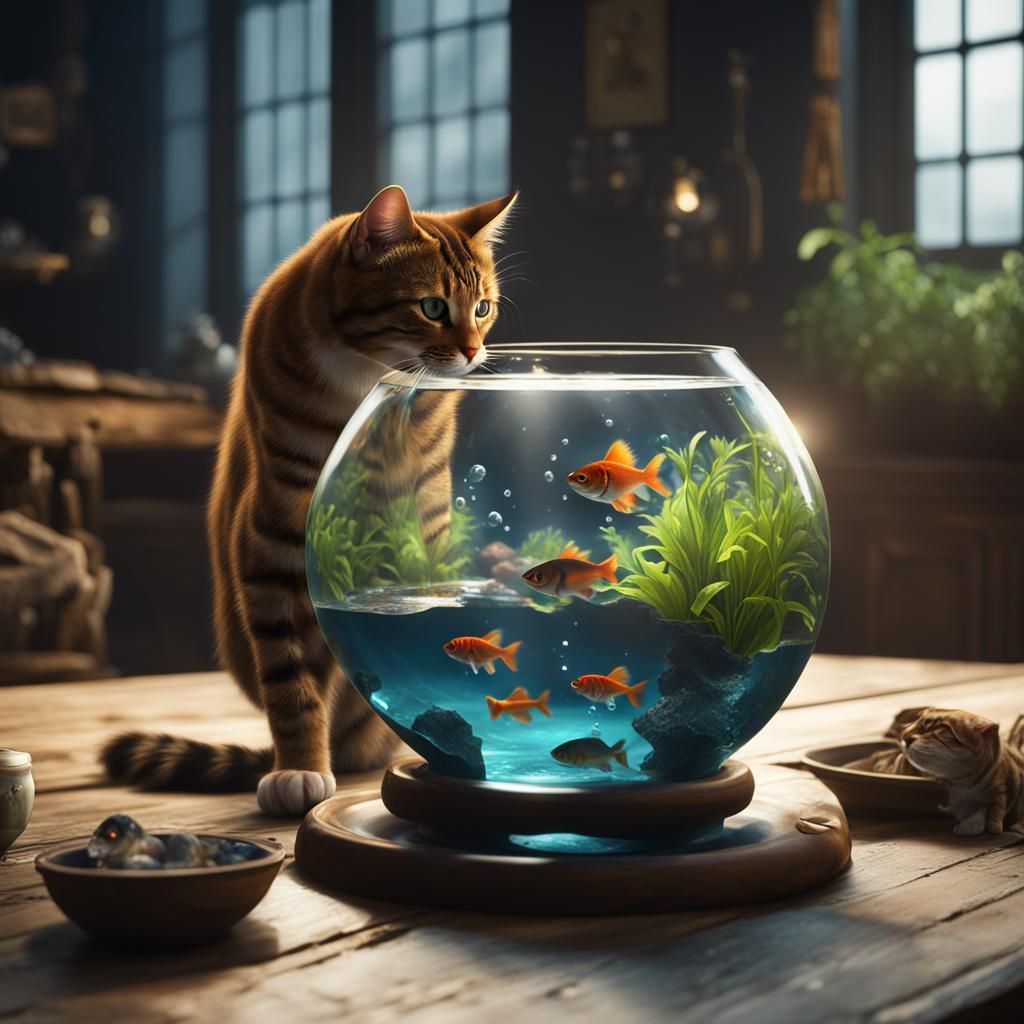 1024x1024 Majestic Cat Gazing at Fish Bowl in Hyperrealism