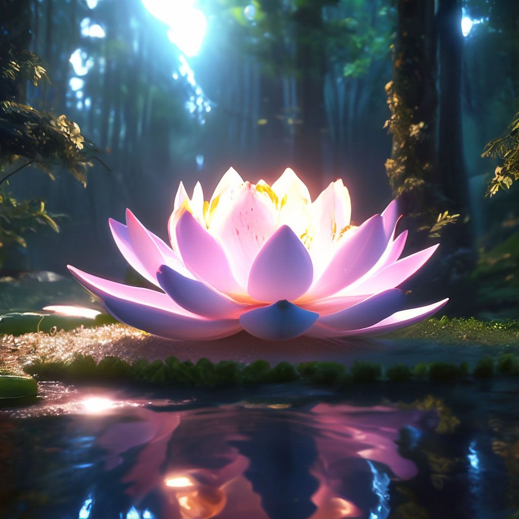 1024x1024 Foreground: A Huge Glowing Lotus Flower, High Definition Image, Lots Of Detail, Overdetalization, Hyperrealism