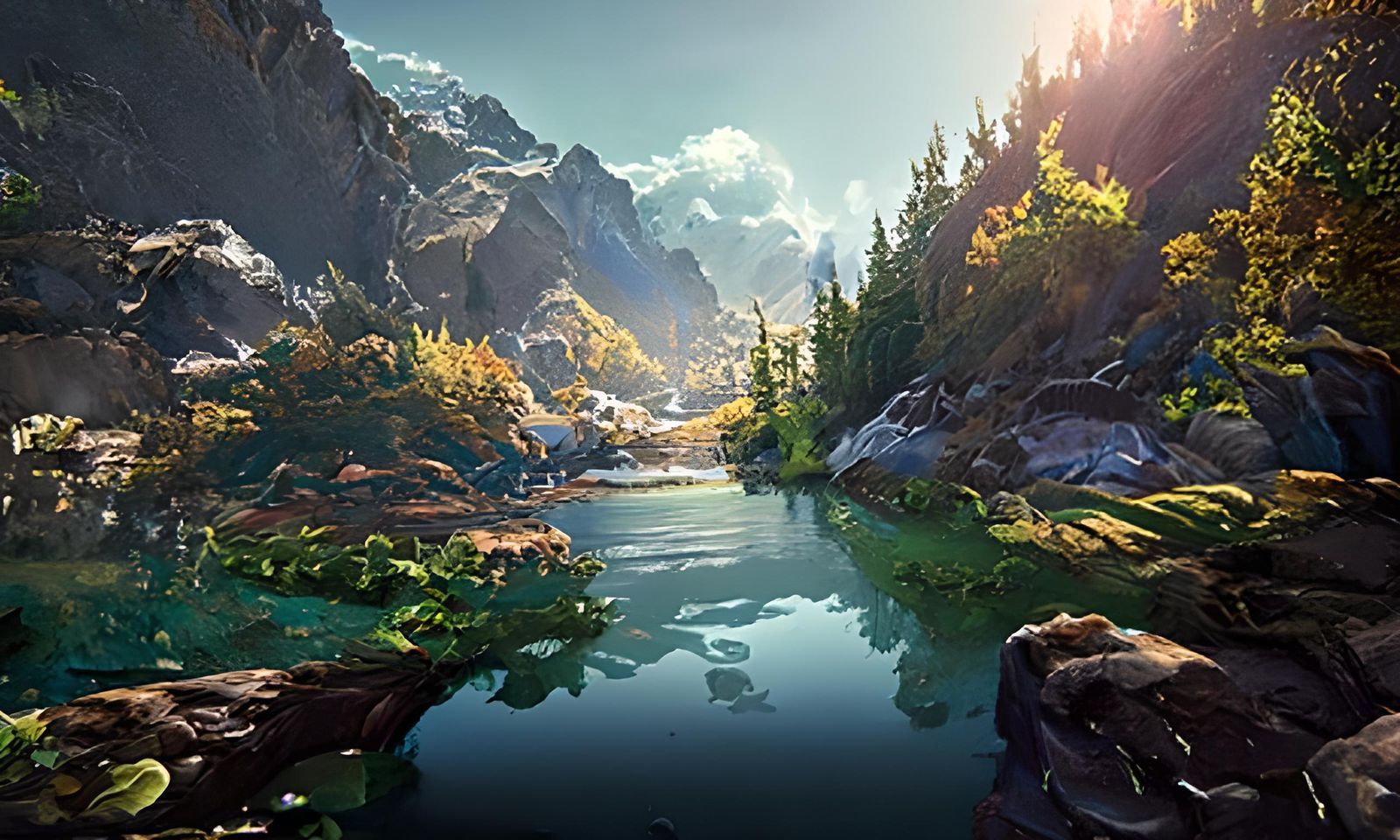 1600x960 River Lake Landscape in Hyperrealism