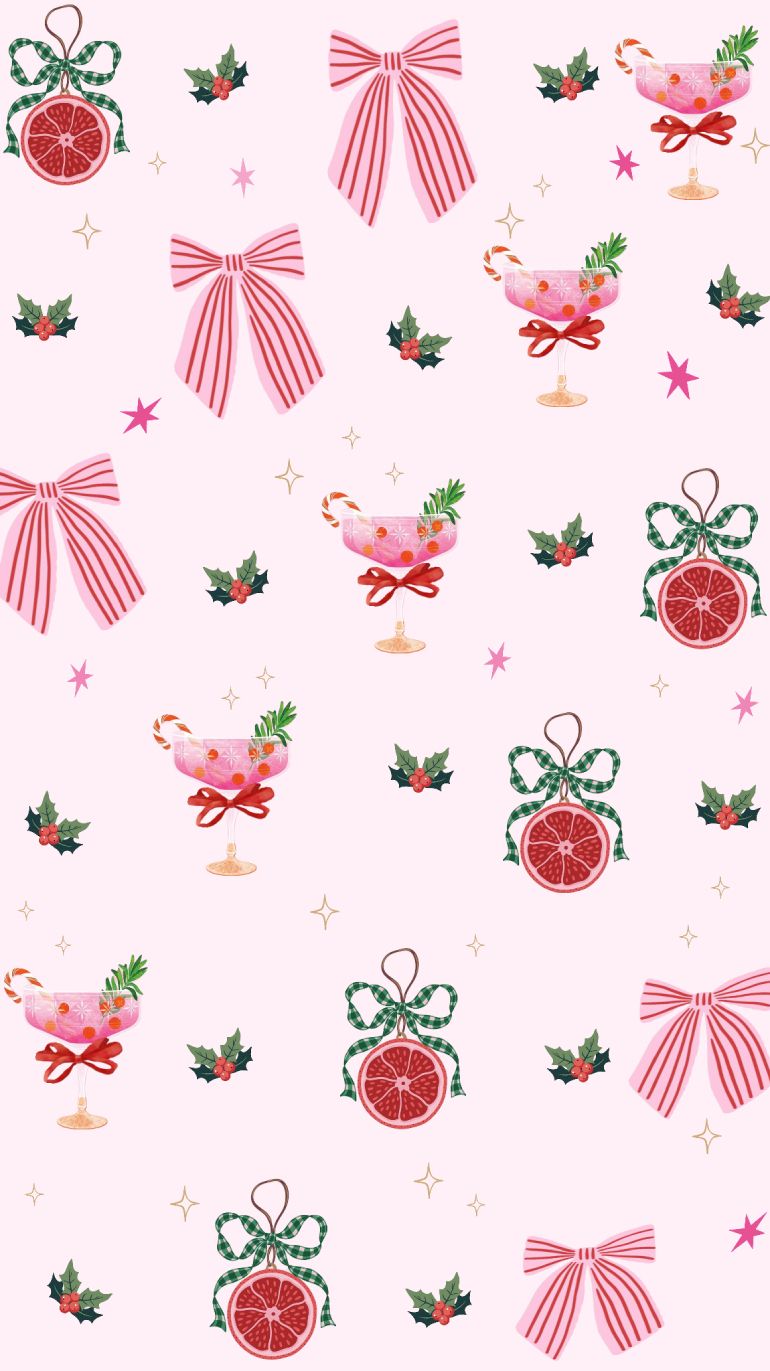 770x1371 Festive Preppy Wallpaper : Pink Holiday Cocktails & Bows Aesthetic Christmas Phone Background