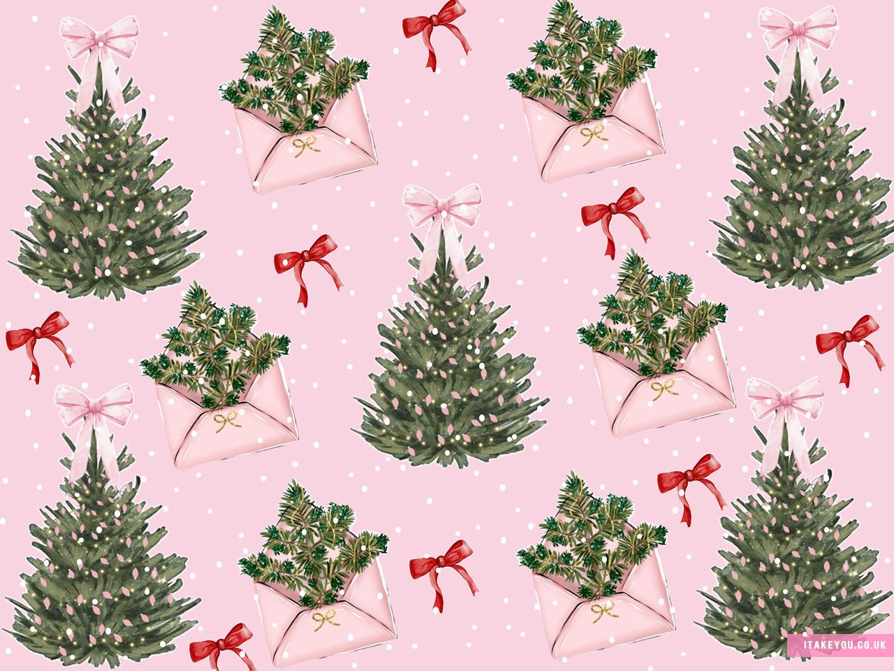 1280x960 Red Bows and Christmas Trees Preppy Wallpaper for Desktop