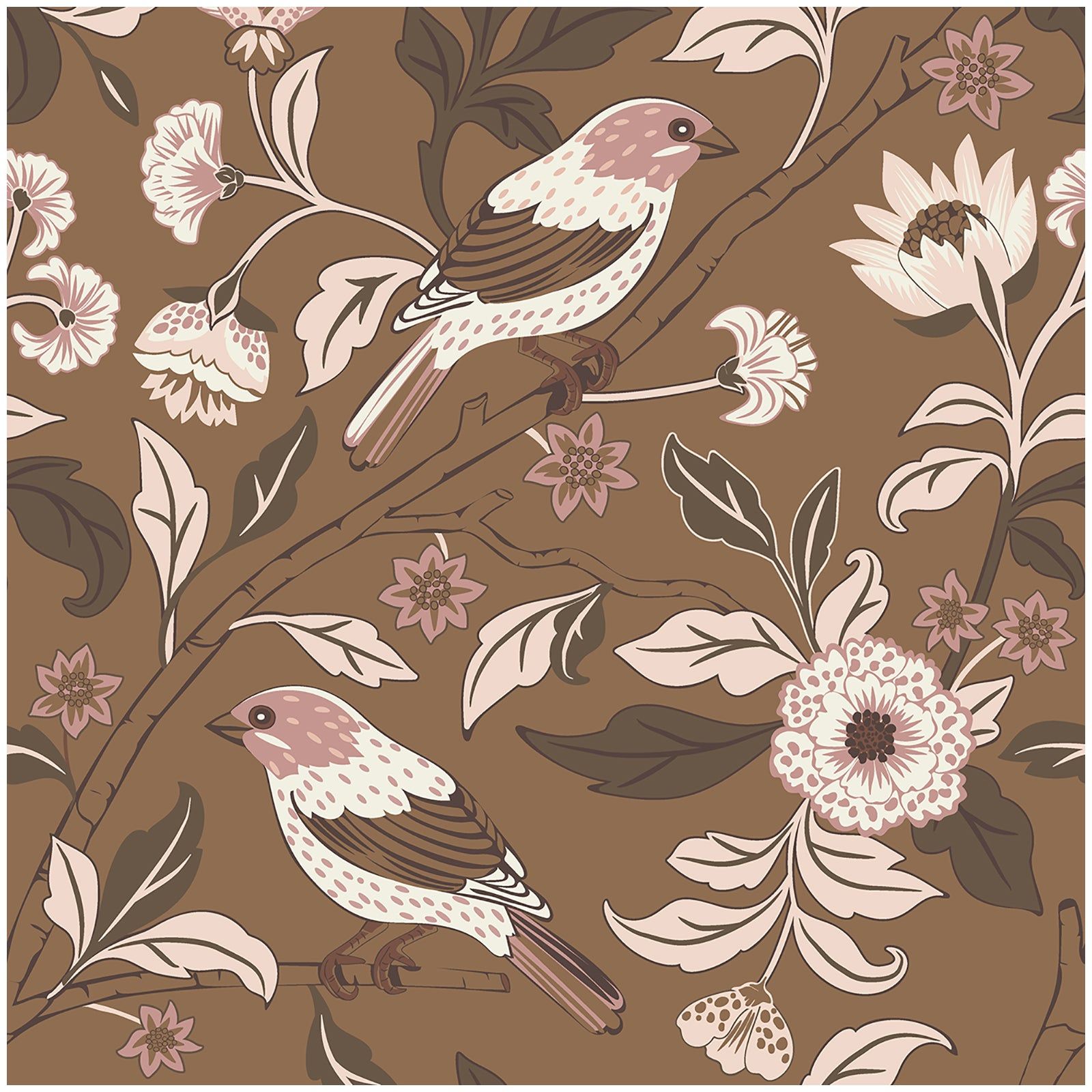 1600x1600 Elegant Brown Background with Birds and Delicate Blooms Wallpaper