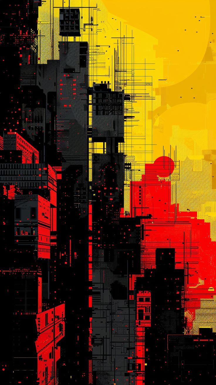 736x1313 Pixel Art Wallpaper in Black, Red, and Yellow