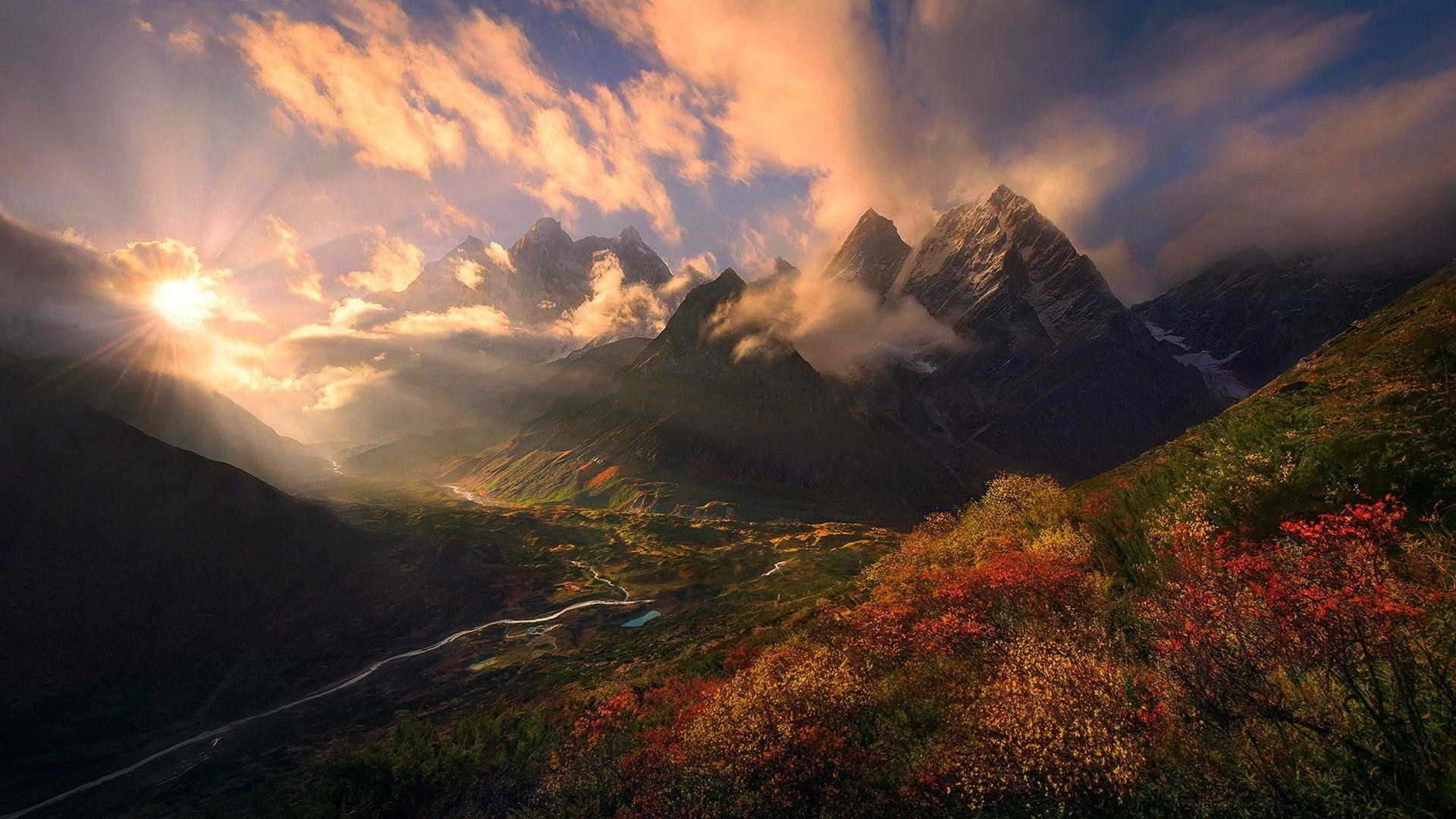 1920x1080 nature landscape fall shrubs mountain himalayas tibet sunset clouds