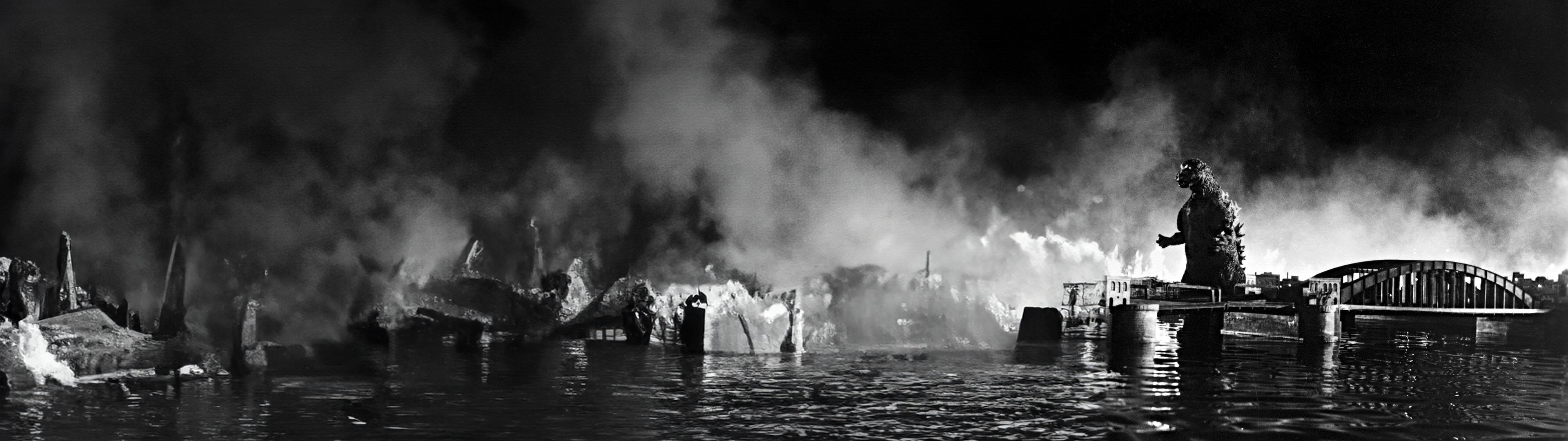 3840x1080 Godzilla (1954) Extended Dual Monitor Wallpaper Background