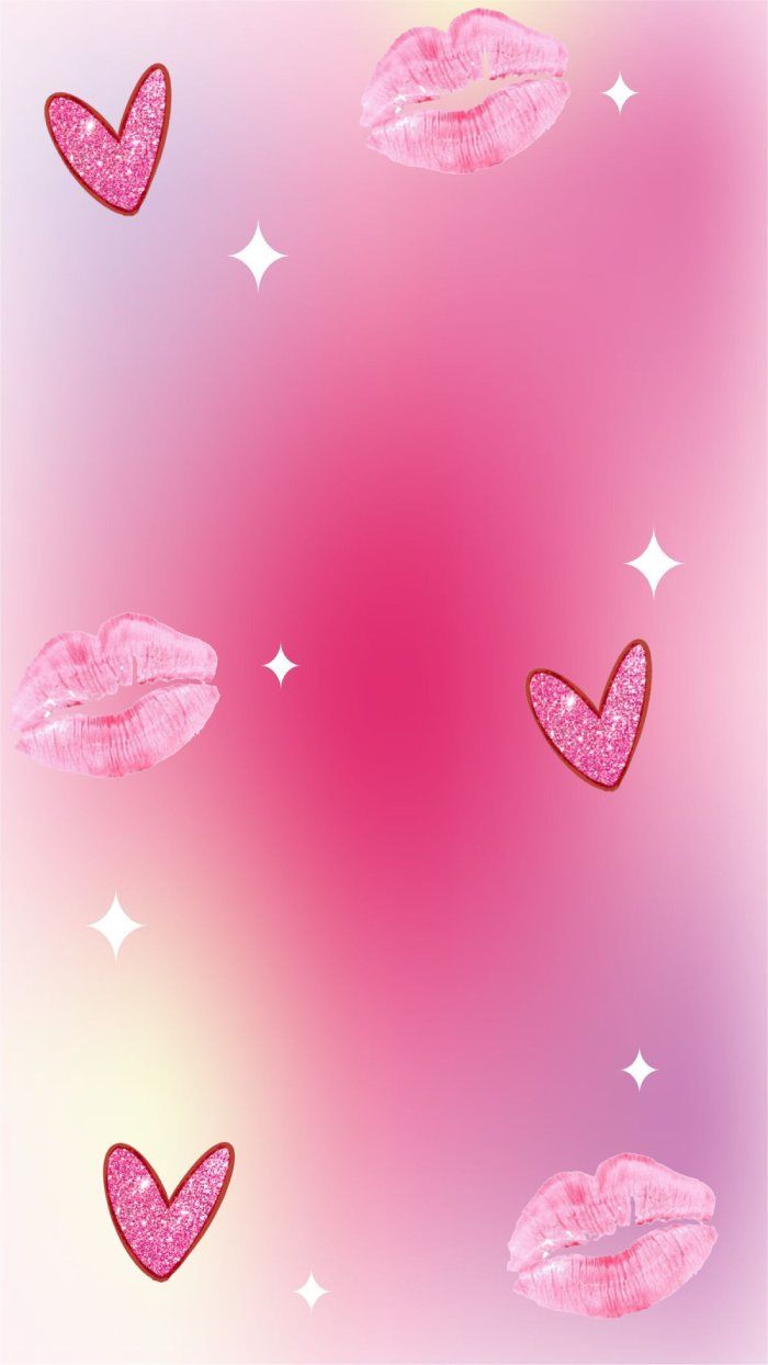 700x1244 Pink Gradient Valentine Wallpaper for iPhone & iPad Sparkly Hearts & Kiss Aesthetic