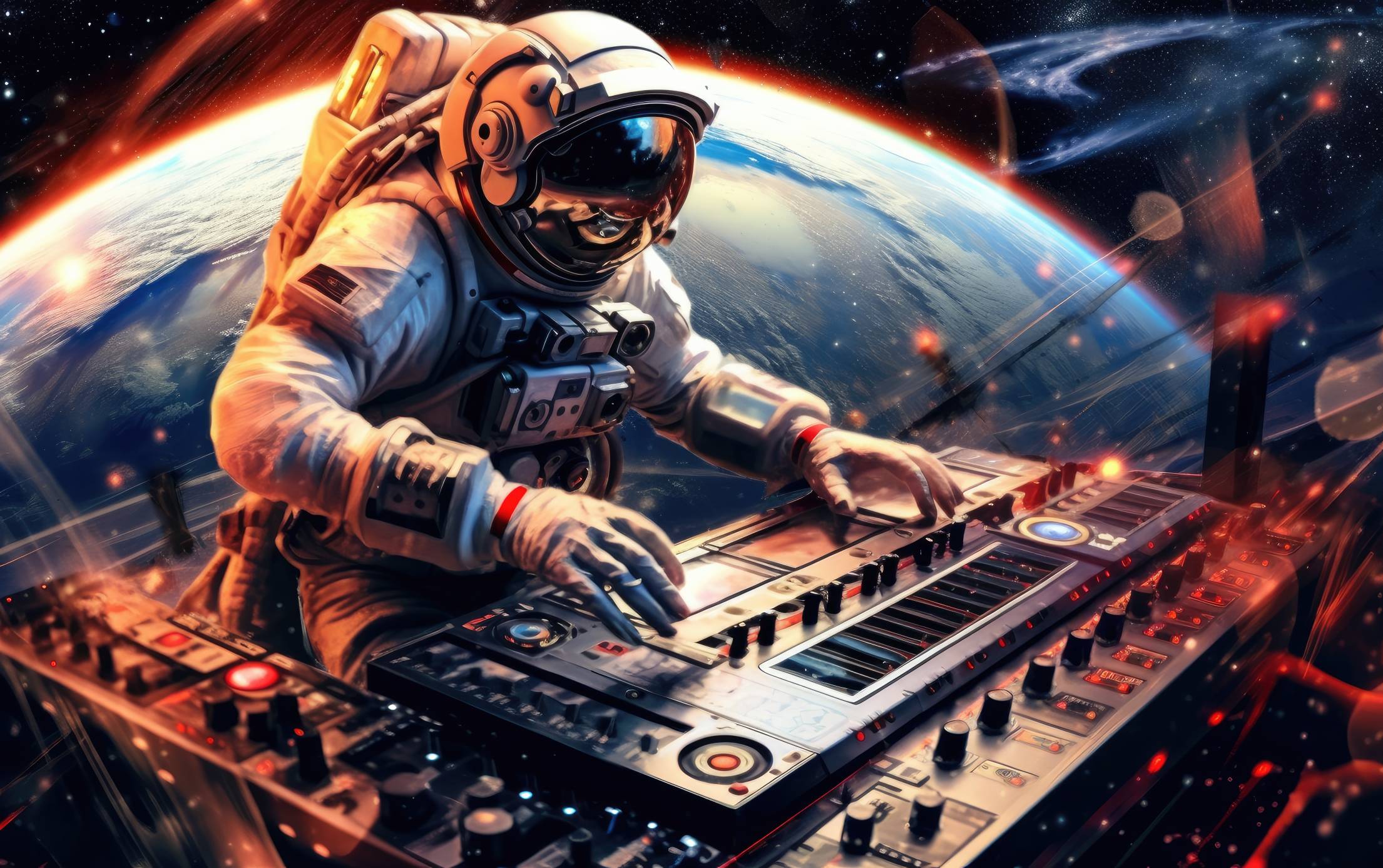 2210x1387 Electronic Music Party in Space Astronaut is a DJ. Free AI Image