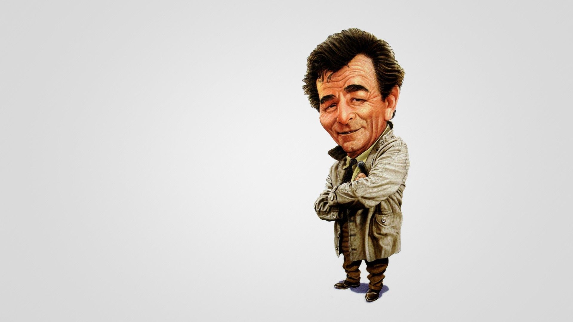 1920x1080 digital art, Simple background, Minimalism, Men, Actor, Columbo, Peter Falk, Cartoon, Smiling, Coats, Detectives, Cigars, White background Wallpaper HD / Desktop and Mobile Background