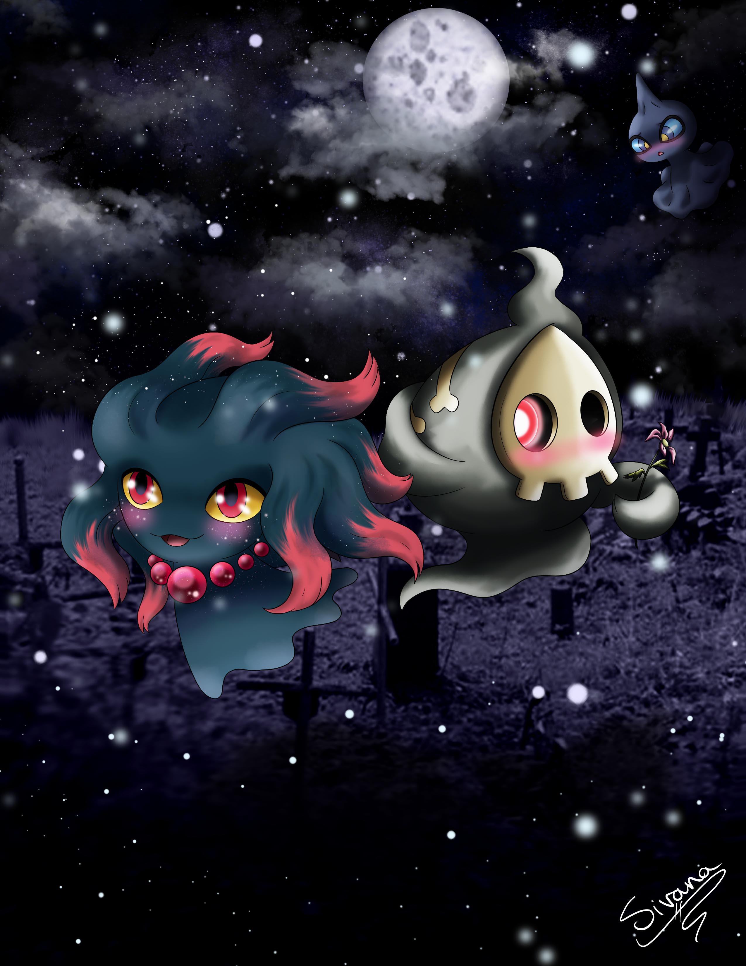 2550x3300 Pokemon couple I drew! Duskull and Misdreavus, with a jealous little shuppet in the back
