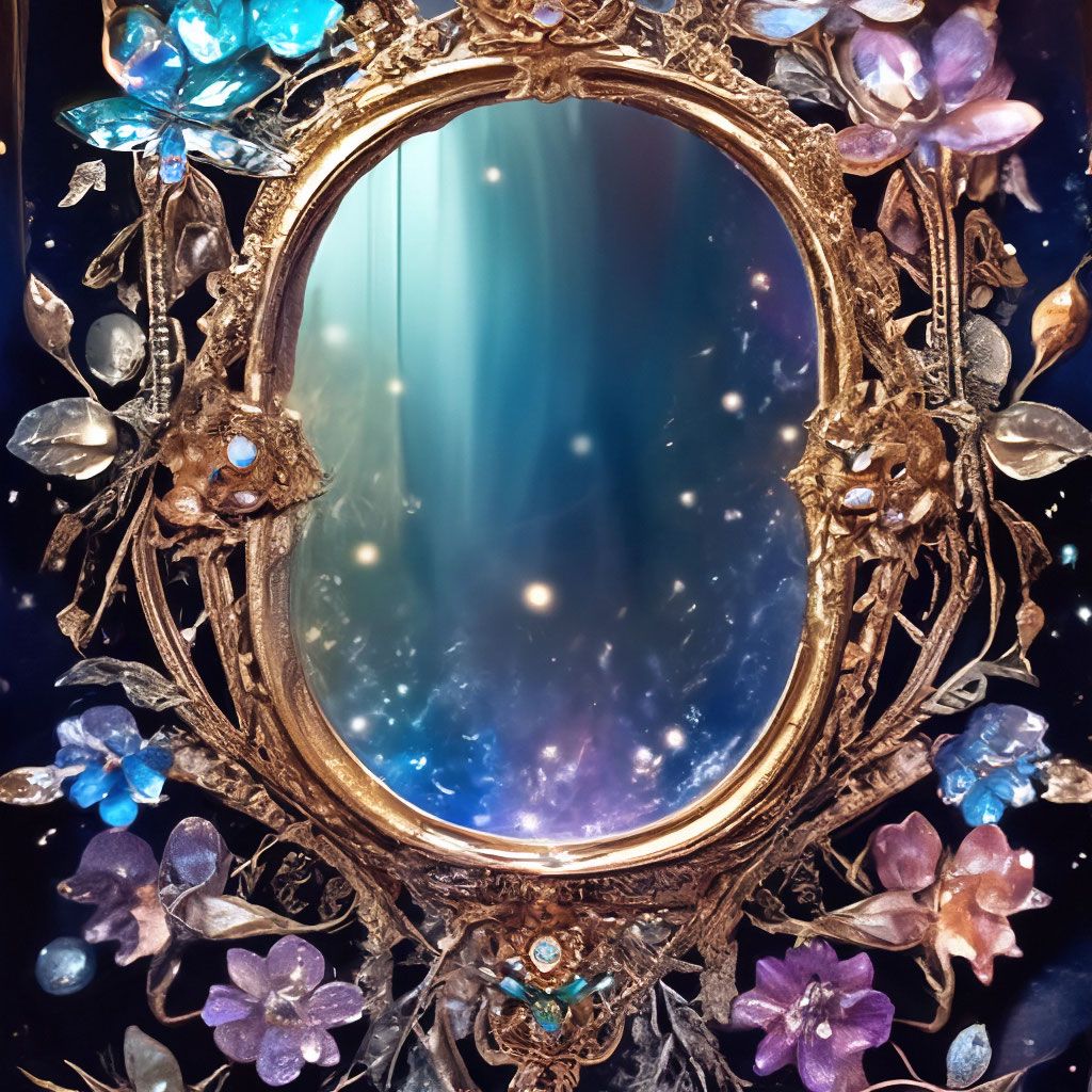 1024x1024 Crystal magic mirror in antique style, decorated with precious stones, microdetalization, surreal, drawing details