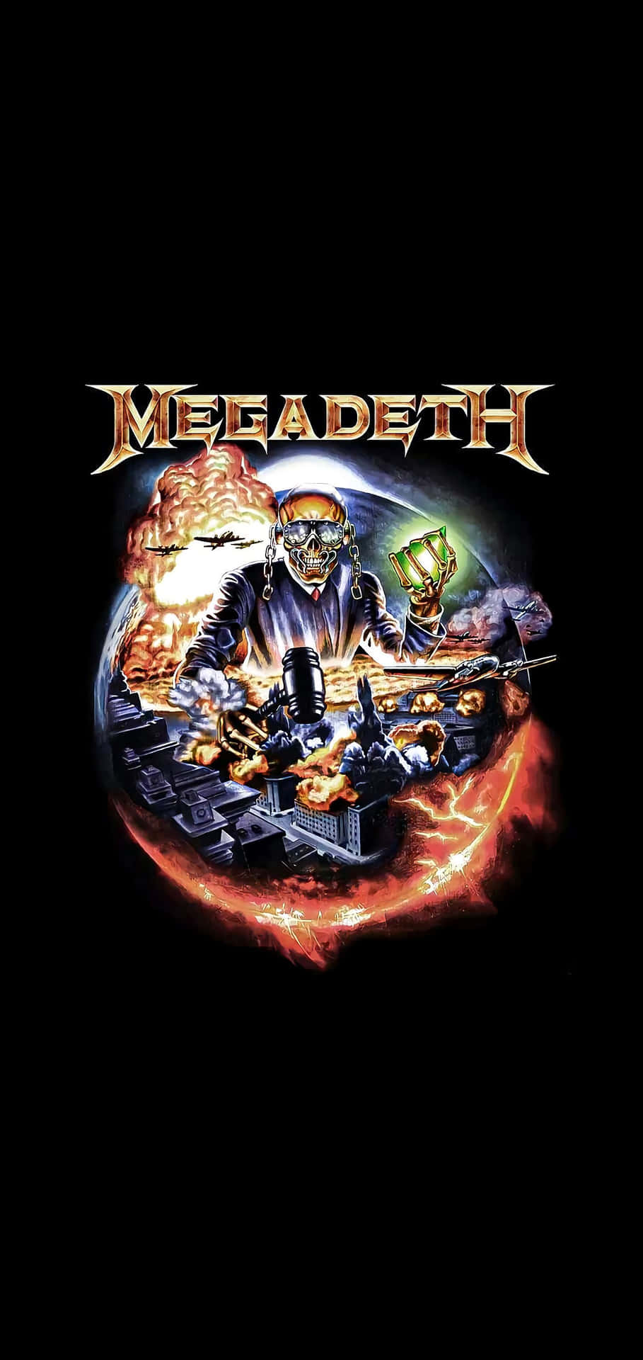 909x1920 Download Megadeth Vic Rattlehead World Domination Wallpaper