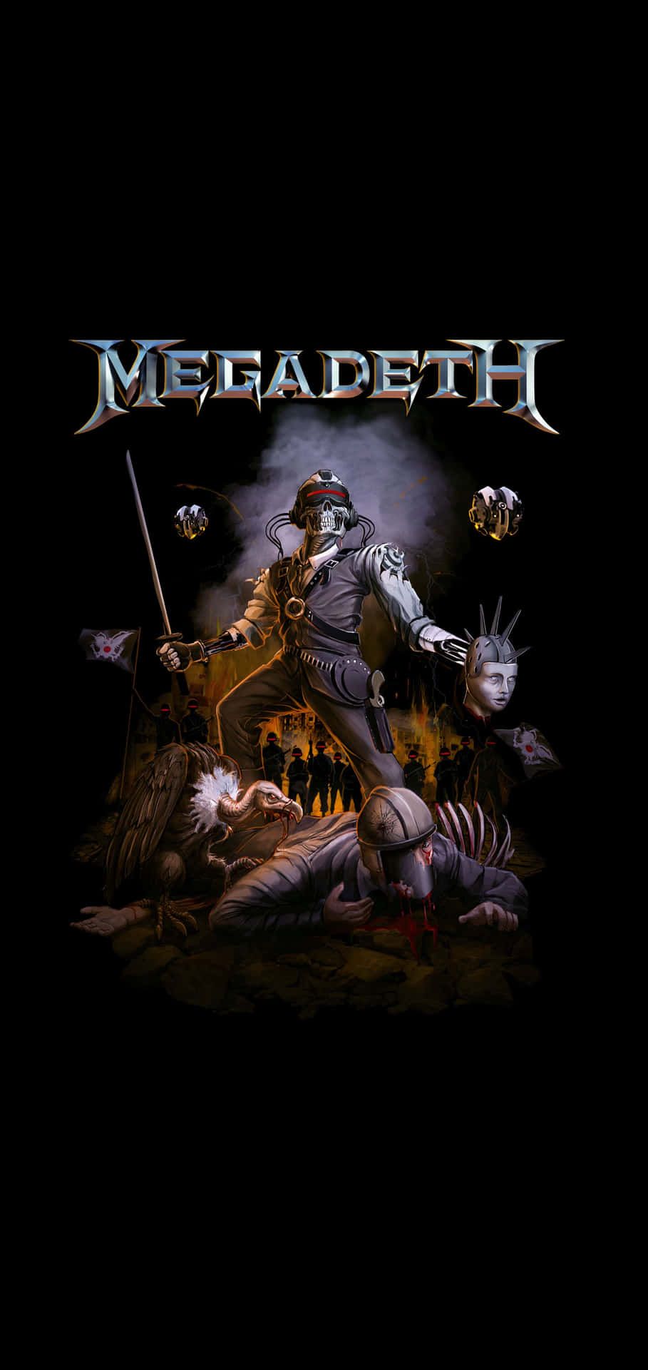 909x1920 Download Megadeth Vic Rattlehead Battle Scene Wallpaper