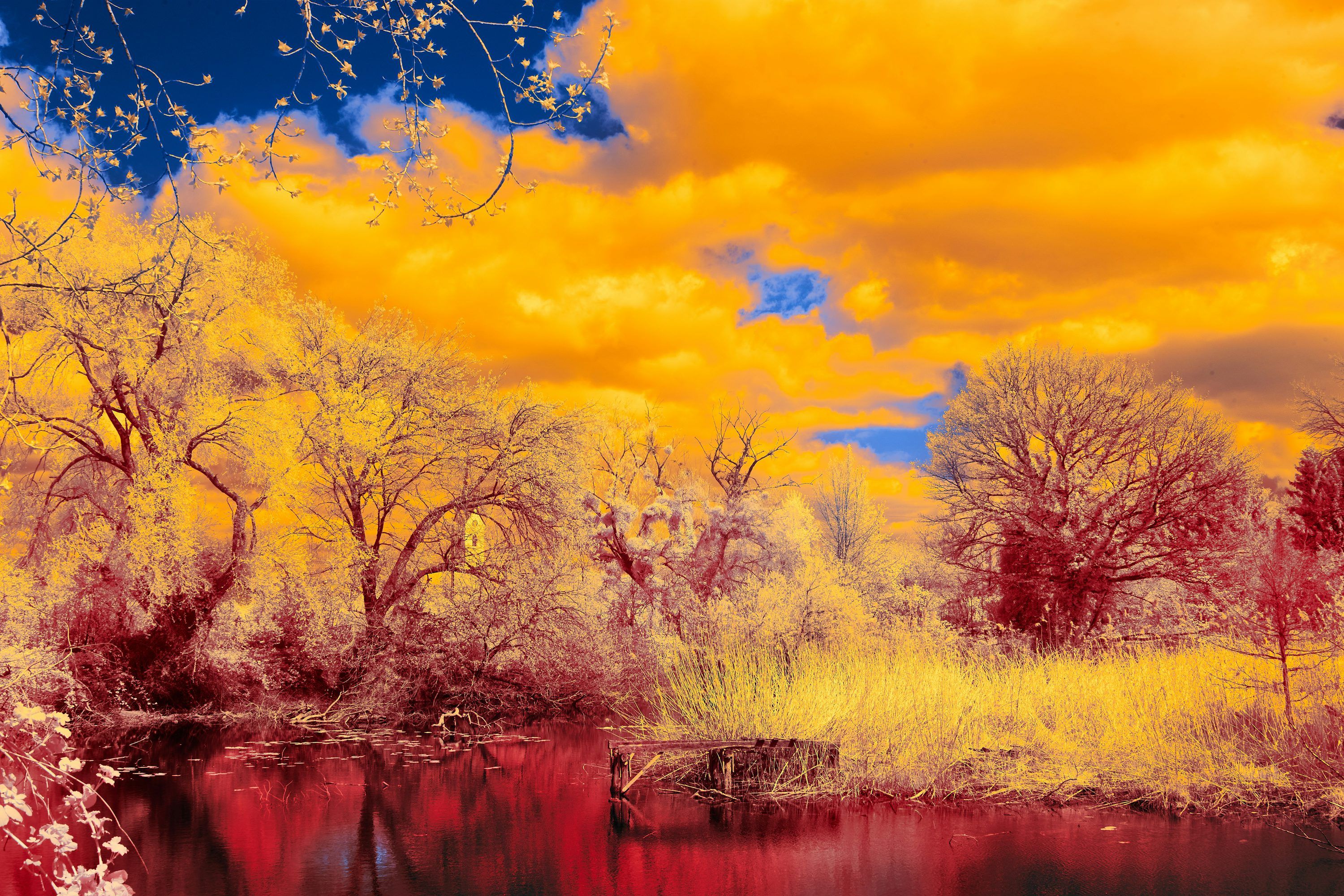 3000x2000 Vibrant autumn trees reflected in a calm river photo