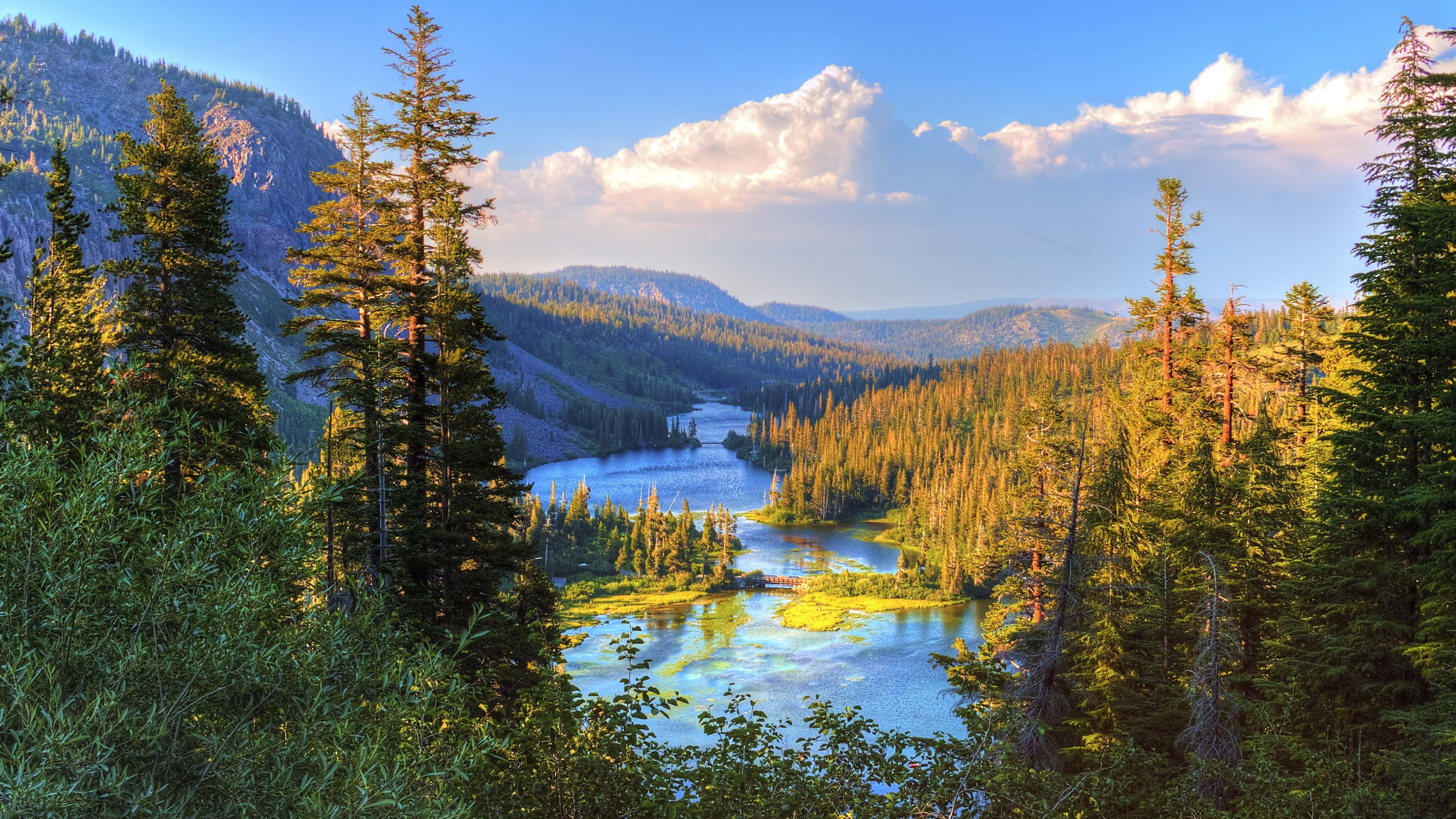 4342x2442 Free Image : landscape, tree, forest, wilderness, sky, trail, bridge, skyline, meadow, lake, river, mountain range, reflection, autumn, contrast, national park, california, season, ridge, body of water, trees, clouds, mountains, footbridge, beauty