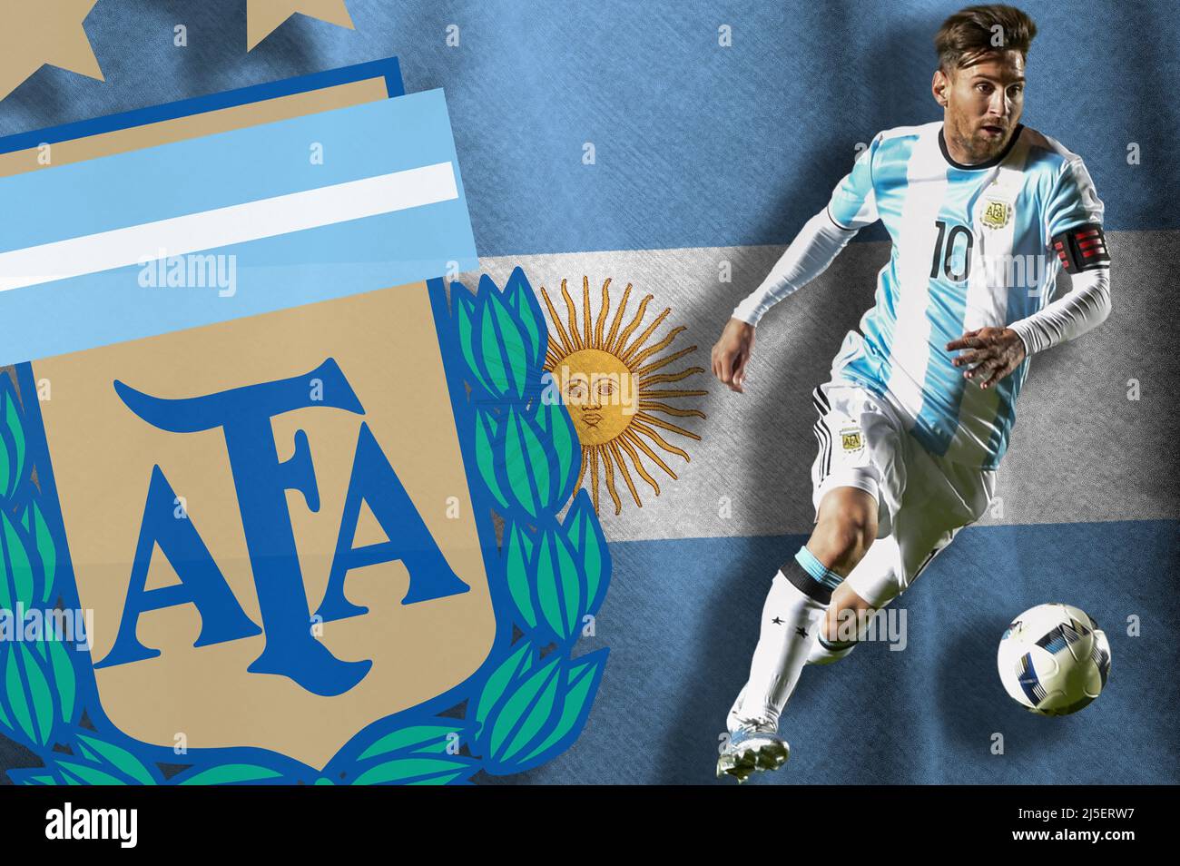 1300x954 Lionel Messi, flag of Argentina and shield of the Argentine Football Association (AFA). Star of Argentine football. Best soccer player in Argentina