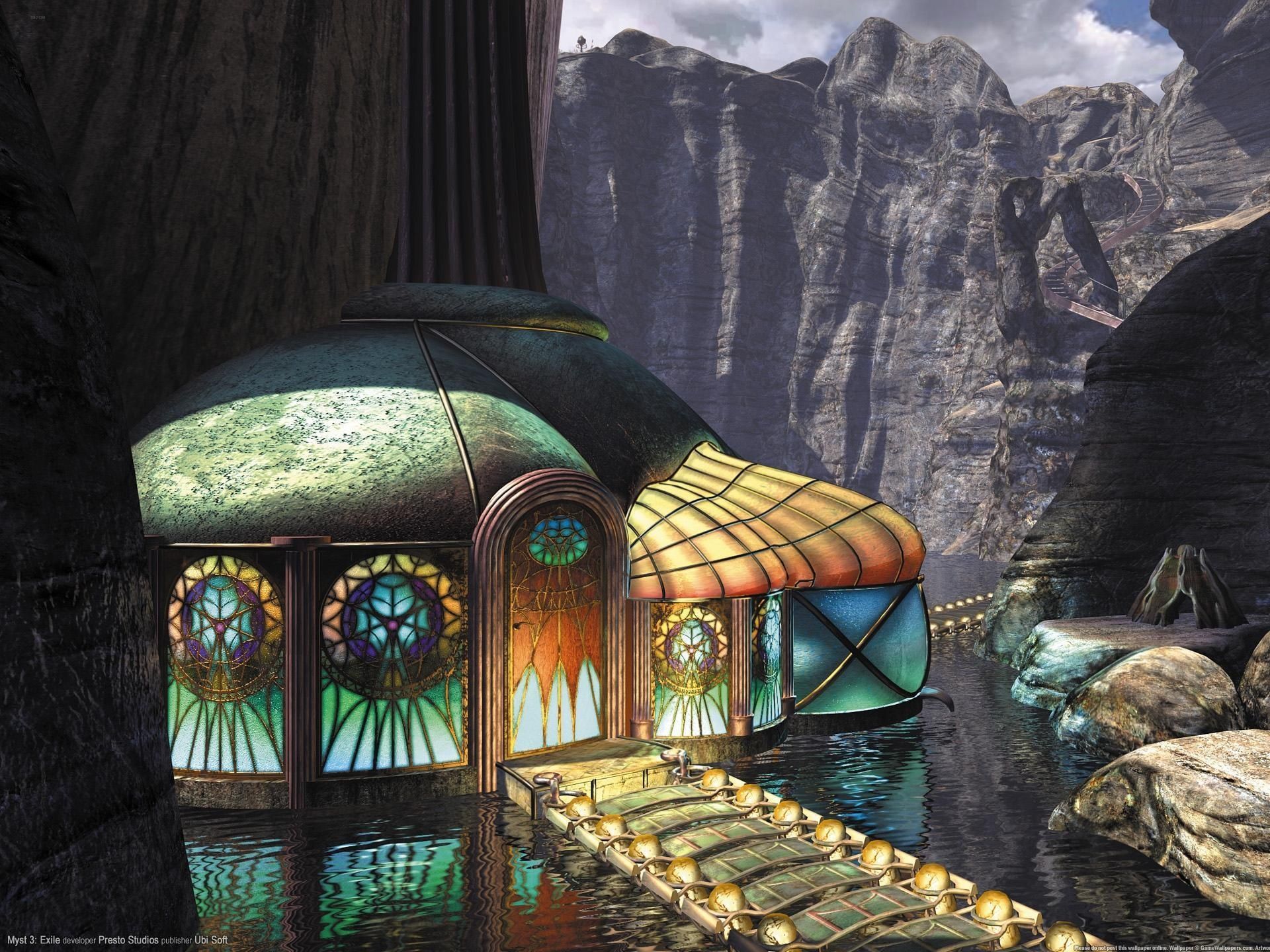 1920x1440 Wallpaper water, bridge, rocks, home, stained glass, Exile, myst 3 for mobile and desktop, section игры, resolution 1920x1440